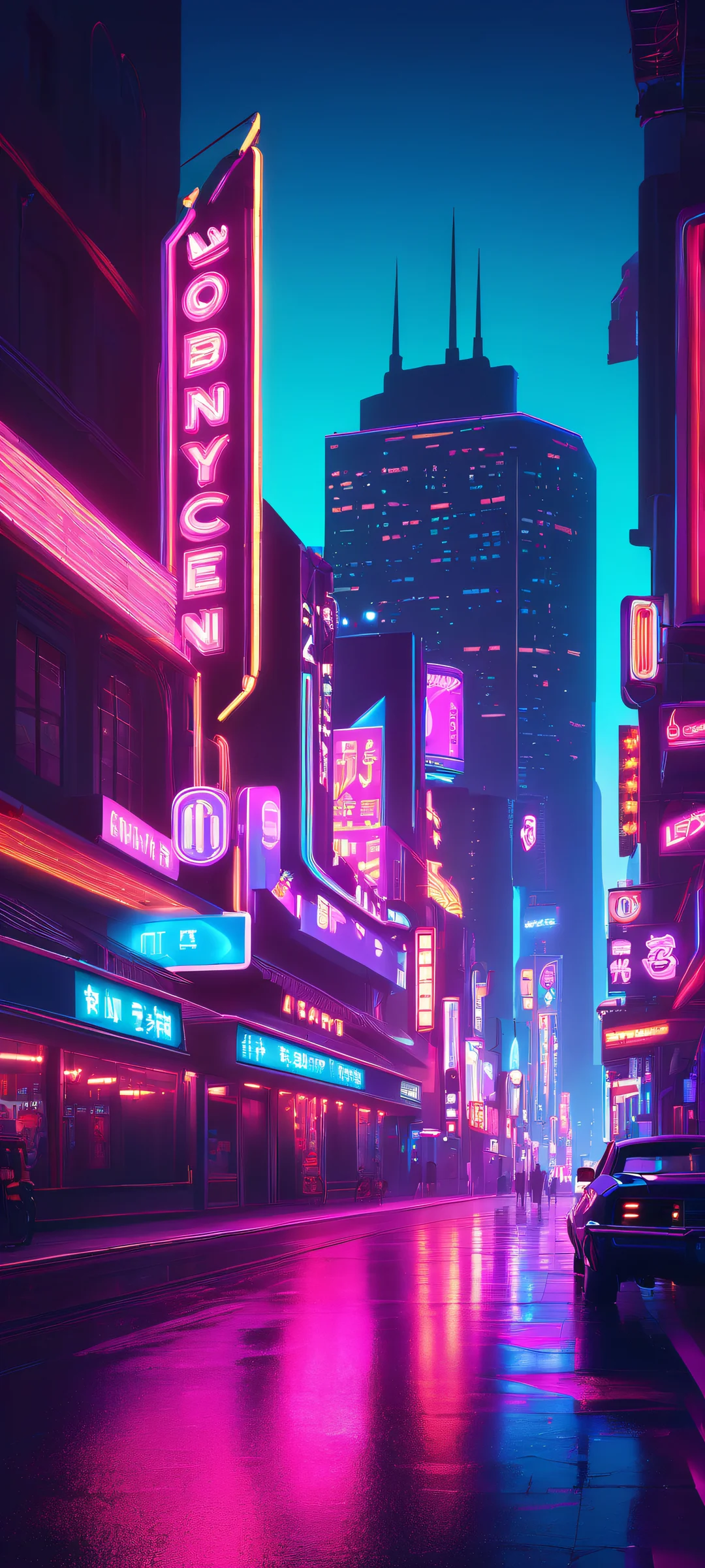 Glowing neon cityscape on a dark night, perfect for iPhone and Android screens