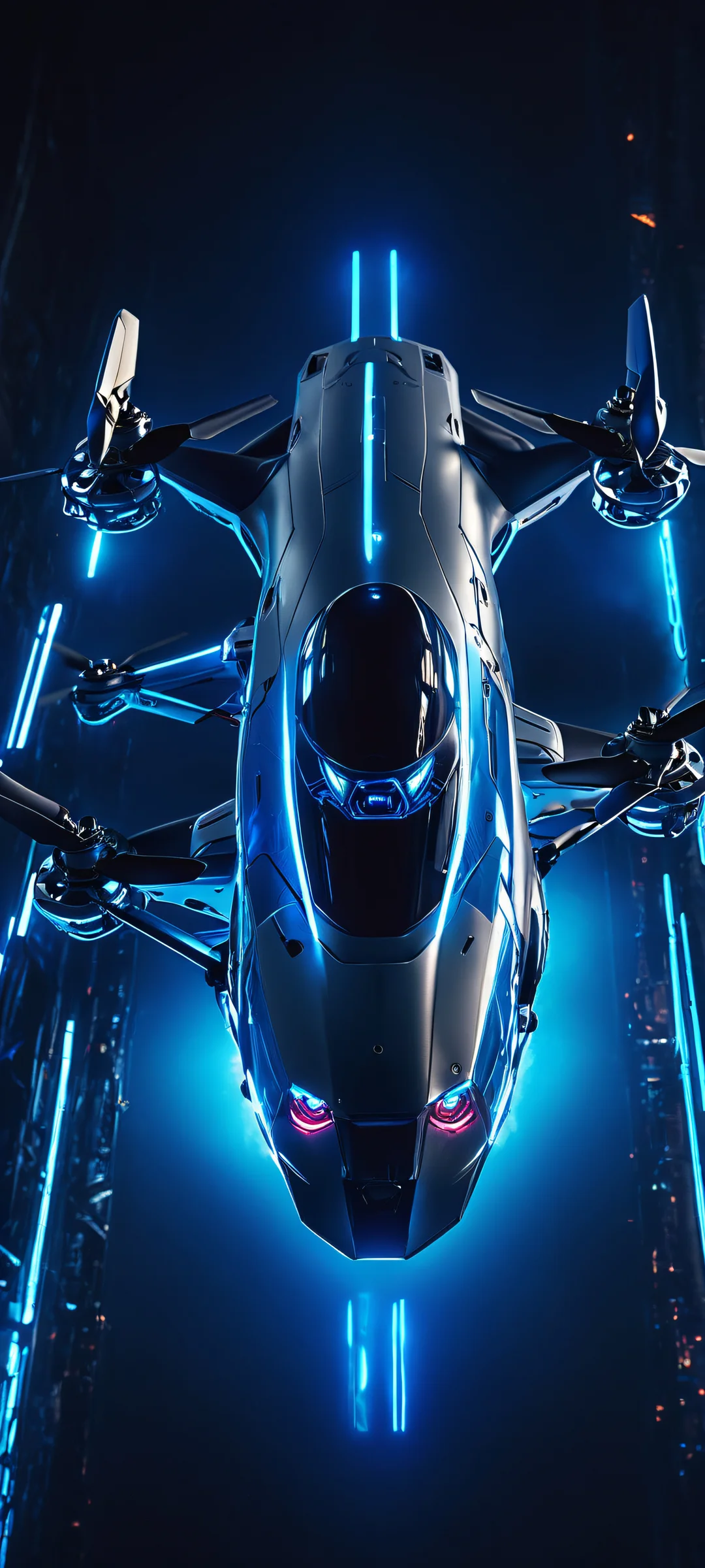 AI Drone in a dark room with glowing circuitry and neon lights. Perfectly optimized for iPhone/Android home screens.