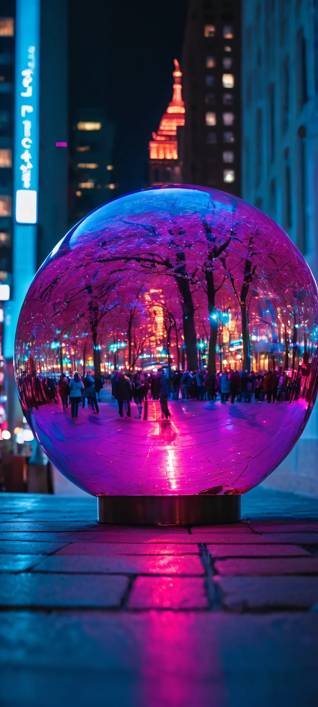 A stunning neon glass sphere glows against a cityscape backdrop, shot on 35mm film - perfect for your iPhone or Android home screen.