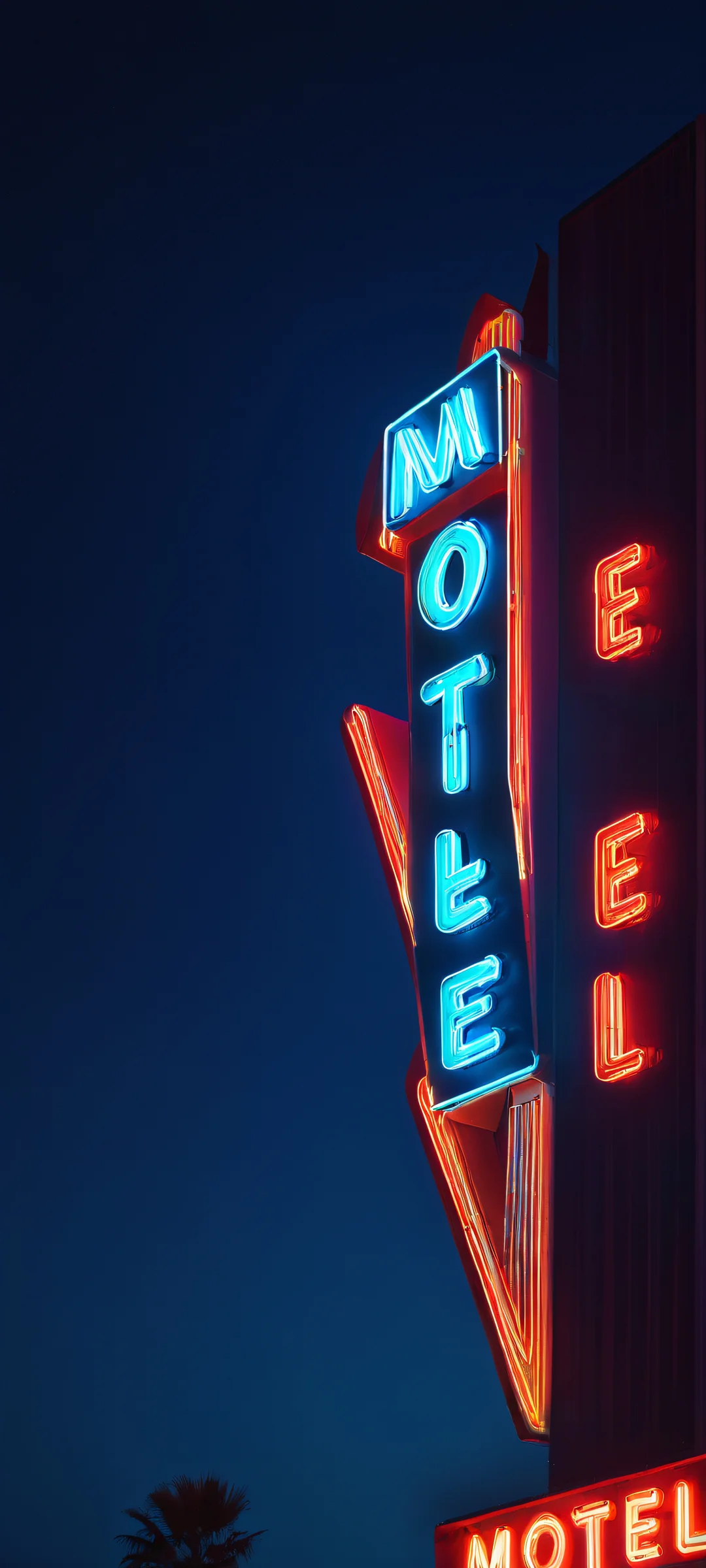 A stunning motel sign at night, with bright neon colors shining against the deep blues of a dark sky - perfect for iPhone or Android home screens.