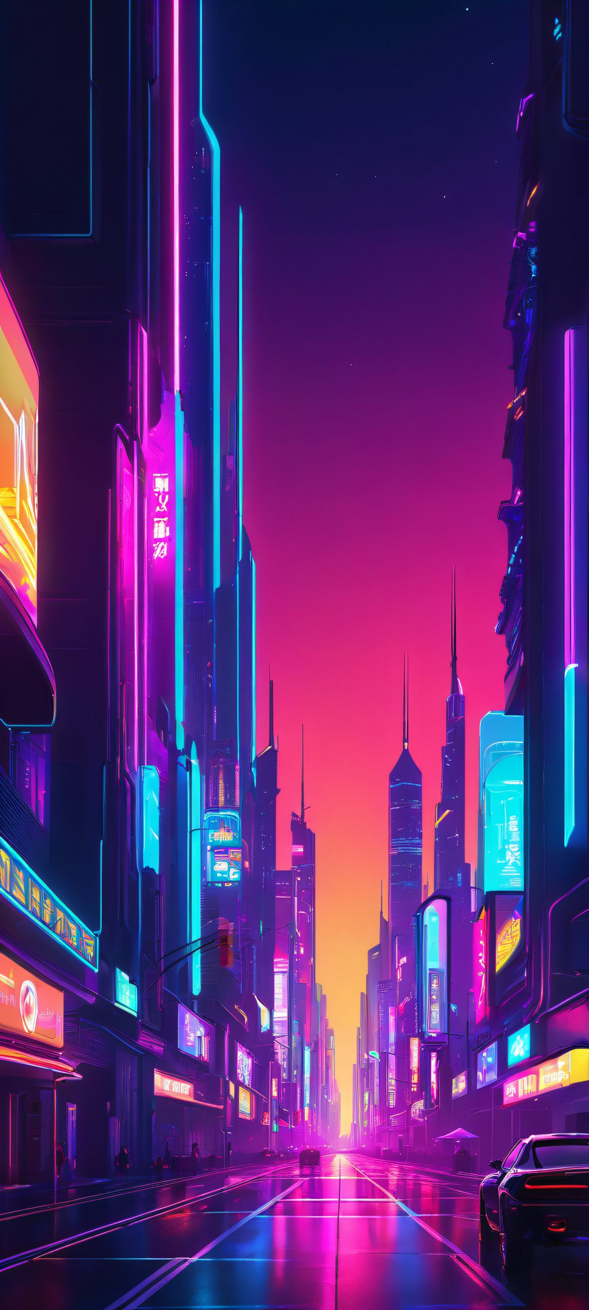 Neon Oasis 2K QHD Mobile Wallpaper A mesmerizing cityscape at night, featuring neon lights and futuristic architecture. Perfect for iPhone/Android home screens.