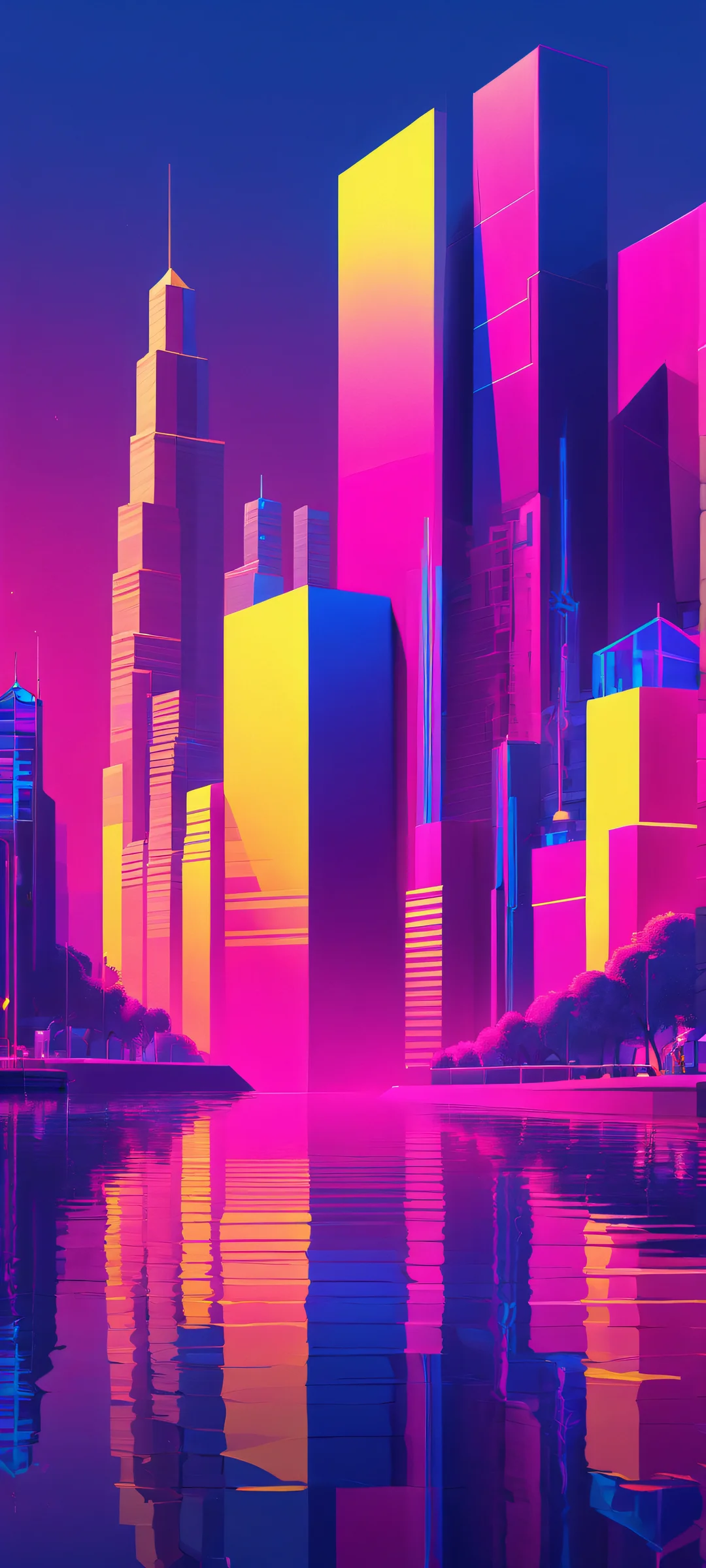 A vibrant geometric landscape for iPhone and Android devices, featuring a cityscape at dusk with retro-style neon lights in hot pink, electric blue, and yellow hues.