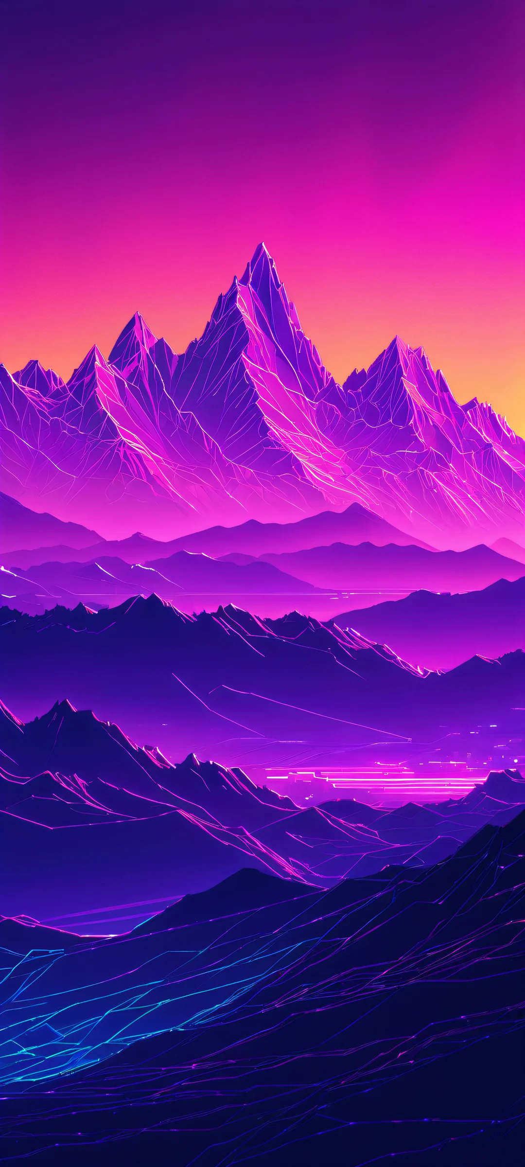 Stunning wireframe mountain landscape glowing with neon lights, perfectly optimized for iPhone and Android home screens.