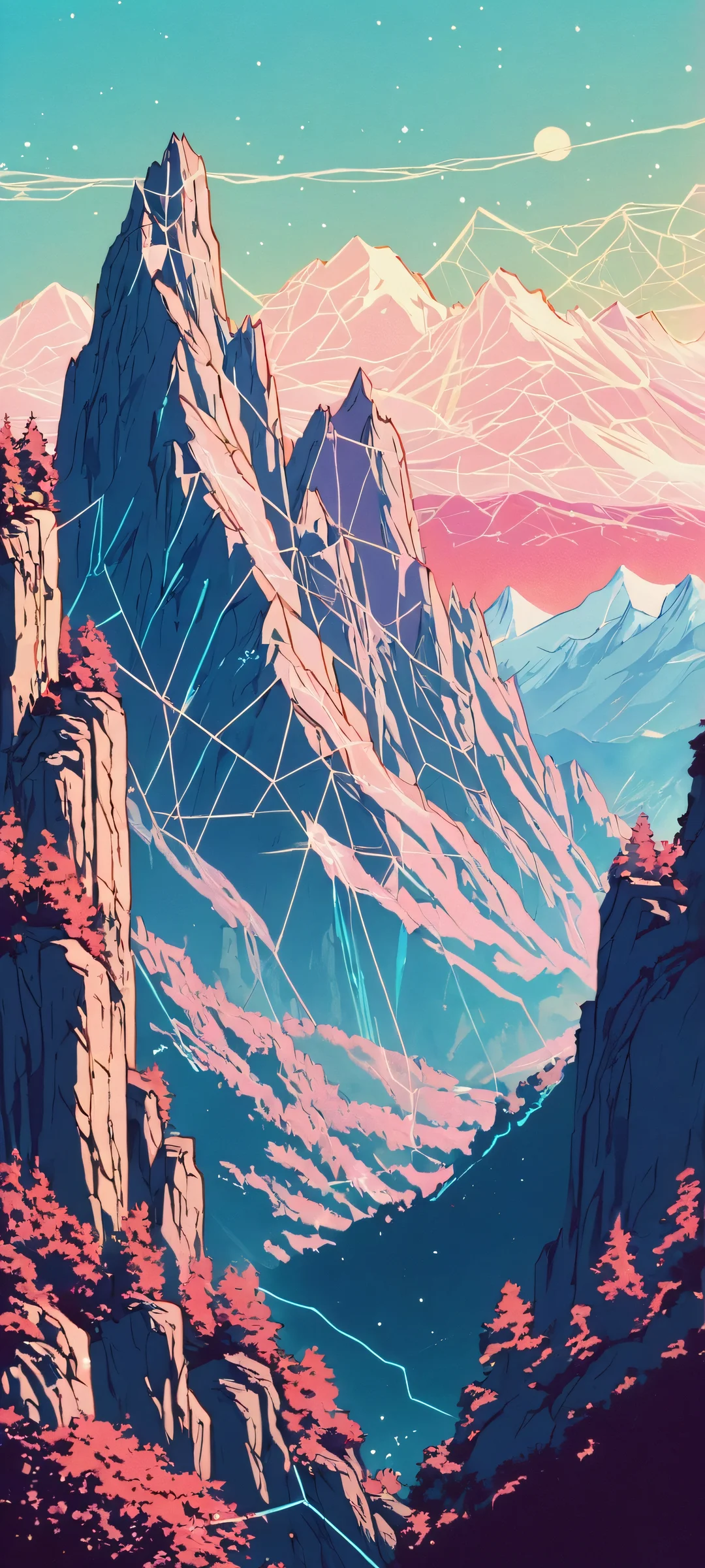 Neon Peaks 2K QHD Mobile Wallpaper iPhone and Android users can experience the thrill of Glowing Wireframe Mountains in this Vintage Anime-inspired mobile wallpaper.