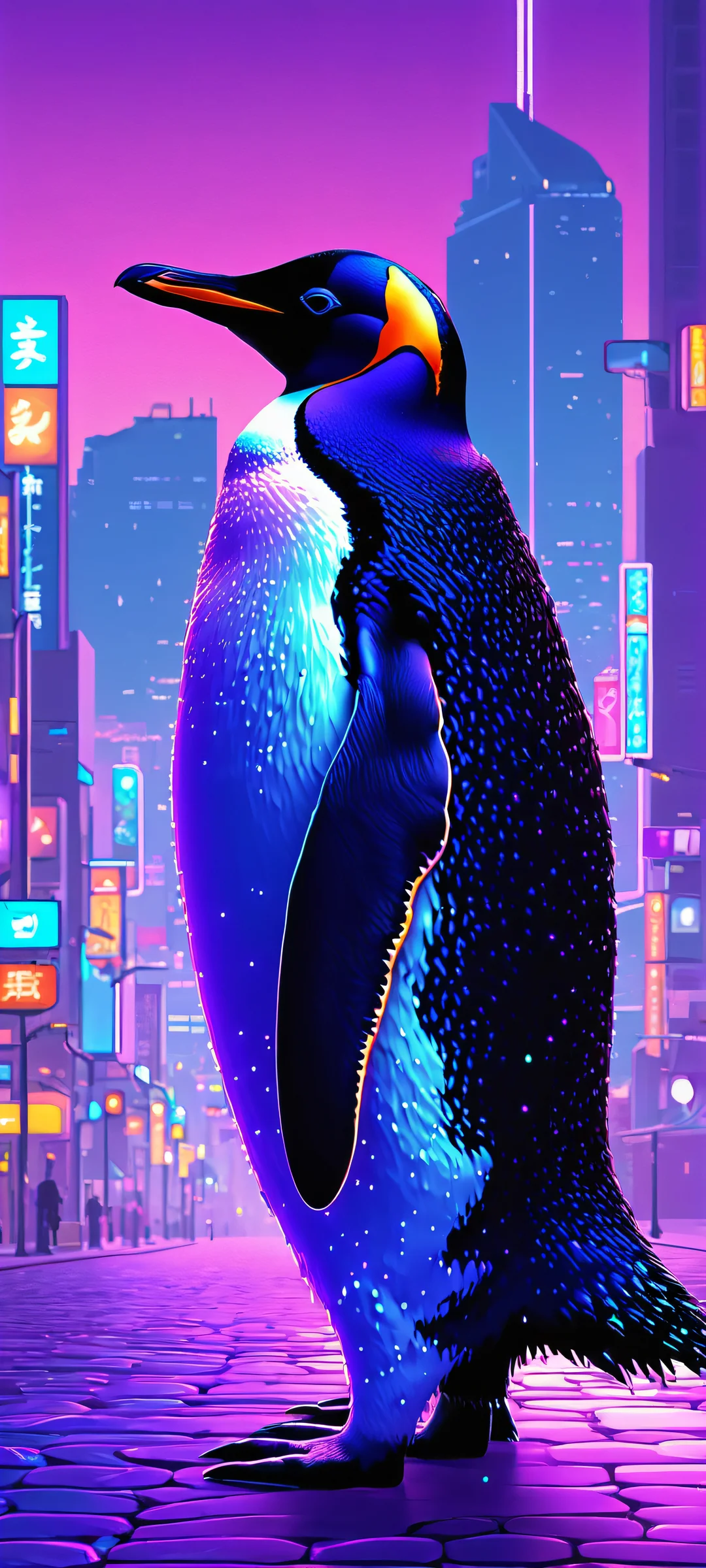 Neon Penguin City Aesthetic Phone Wallpaper A stunning vertical penguin artwork against a vibrant city skyline for iPhone and Android devices.