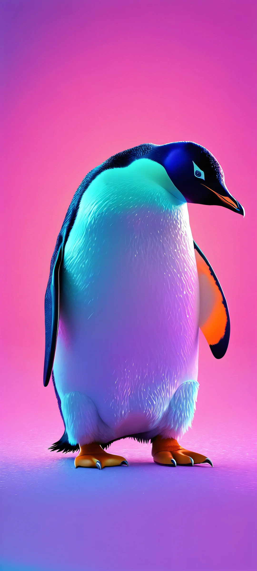 A futuristic penguin sits at a neon-lit desk, surrounded by vibrant vector art in this stunning mobile wallpaper for iPhone and Android devices.