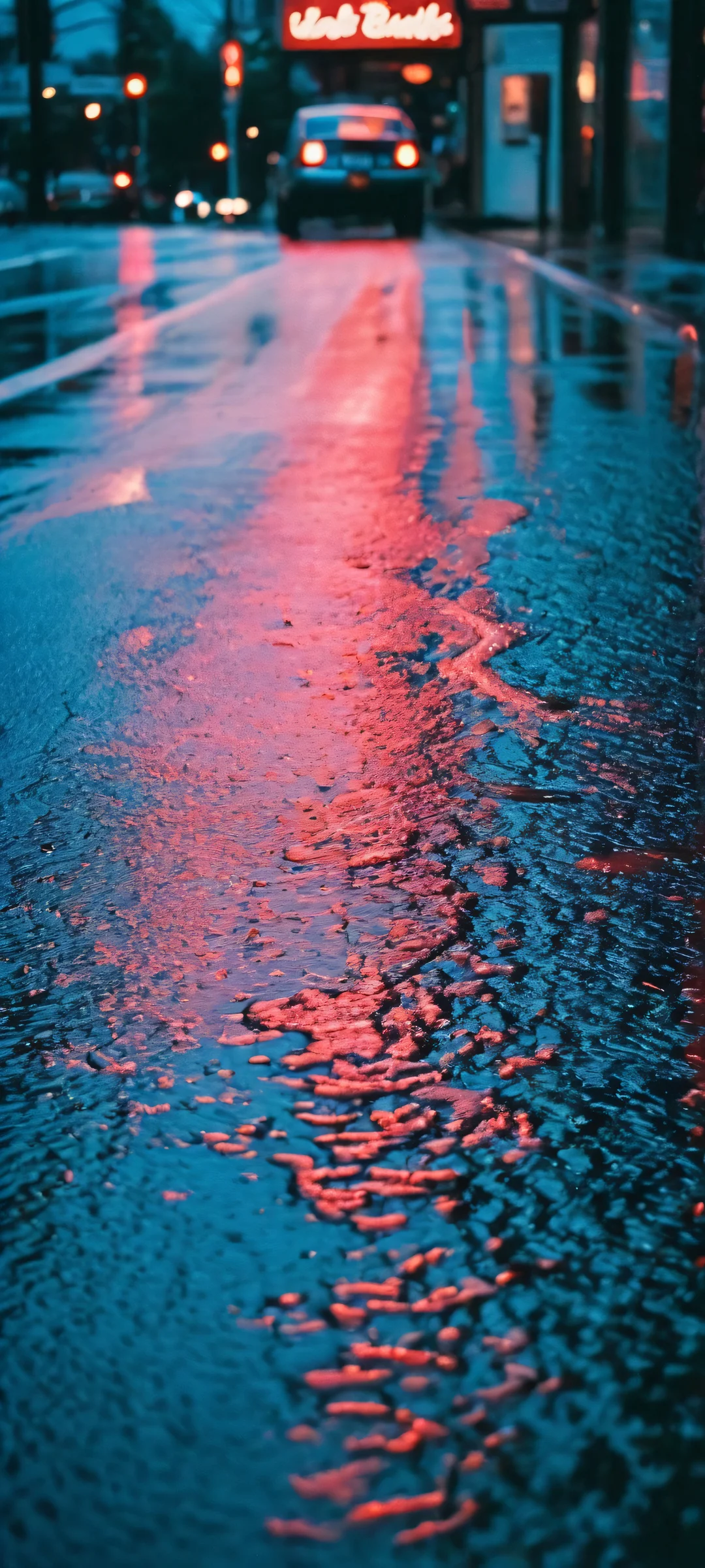 Neon Rivalry Night 2K QHD Mobile Wallpaper A stunning mobile wallpaper featuring a rivalry on wet asphalt at night with glowing neon signs and deep blues and reds. Perfect for iPhone and Android devices.