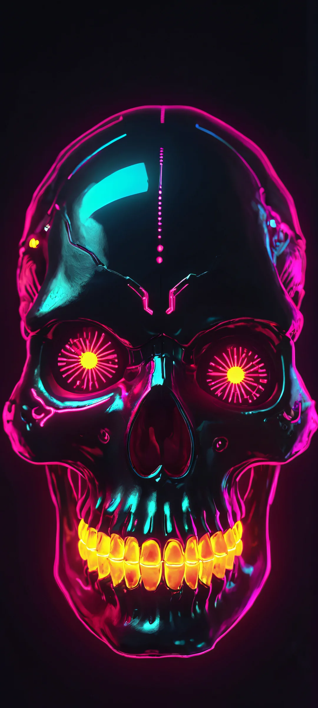 iPhone and Android user, download this stunning neon skull wallpaper with glowing eyes for a dark and sentimental mobile phone home screen.