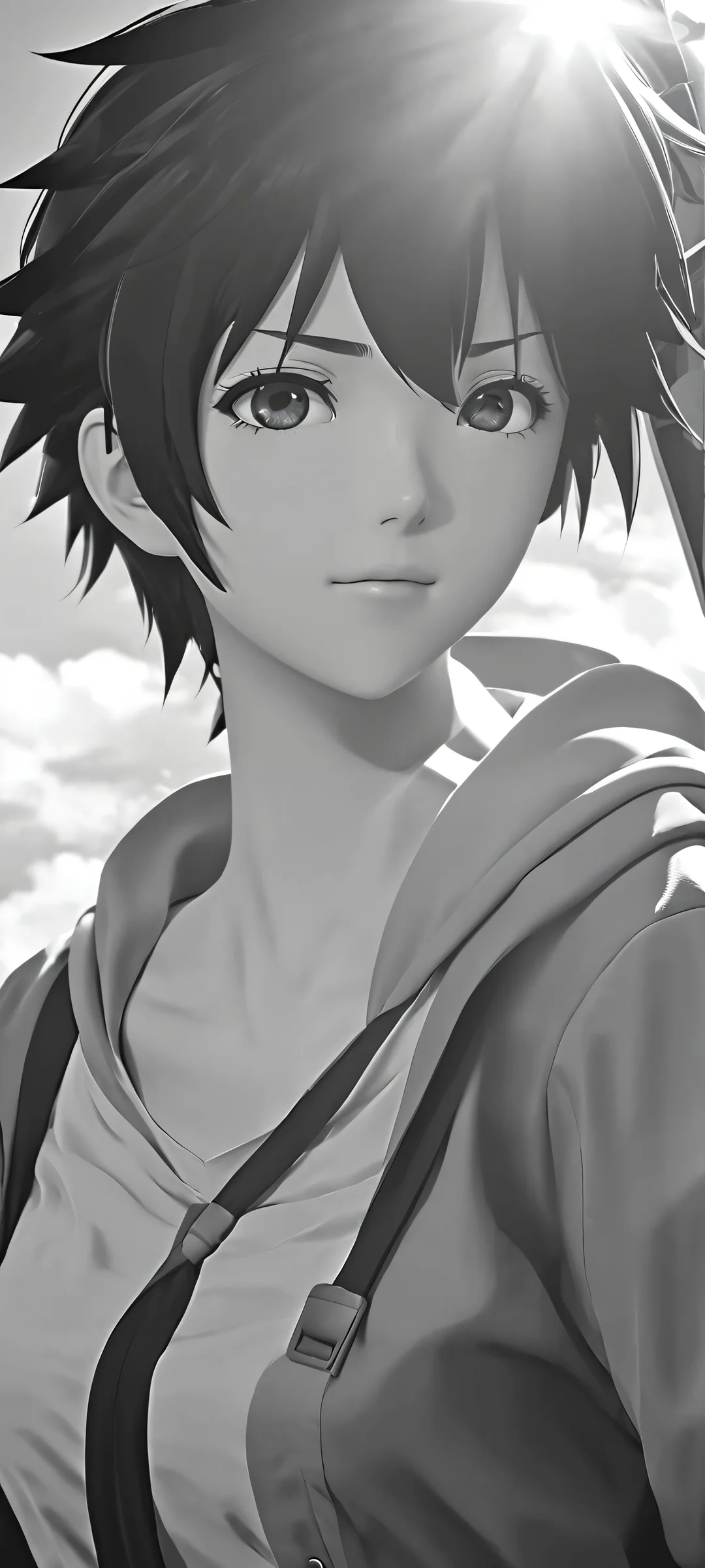 Anime-inspired video game characters basking in a warm iPhone/Android-friendly daytime scene with bright blue and grayscale hues.