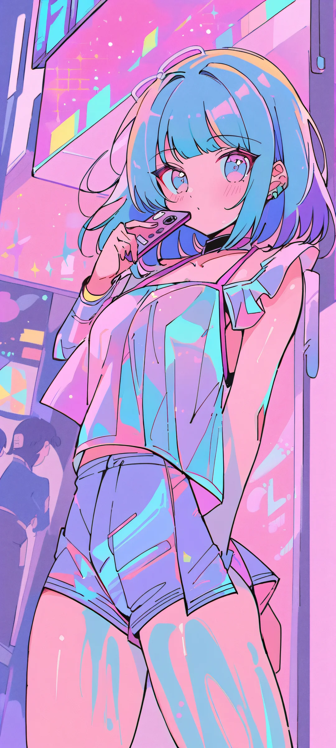 Neon Tokyo Nights 2K QHD Mobile Wallpaper Kawaii JDM Girl surrounded by vibrant neon lights in a bustling Tokyo street scene. Compatible with iPhone and Android devices.