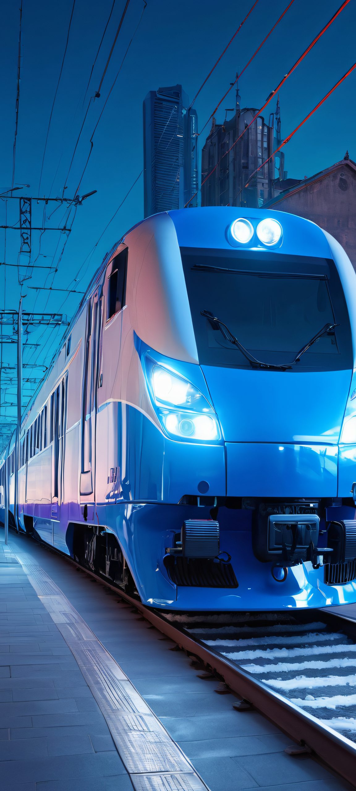 Train speeding through a surreal cityscape with vibrant blue, silver, and white neon lights on a dark background. Perfectly suited for iPhone and Android home screens.
