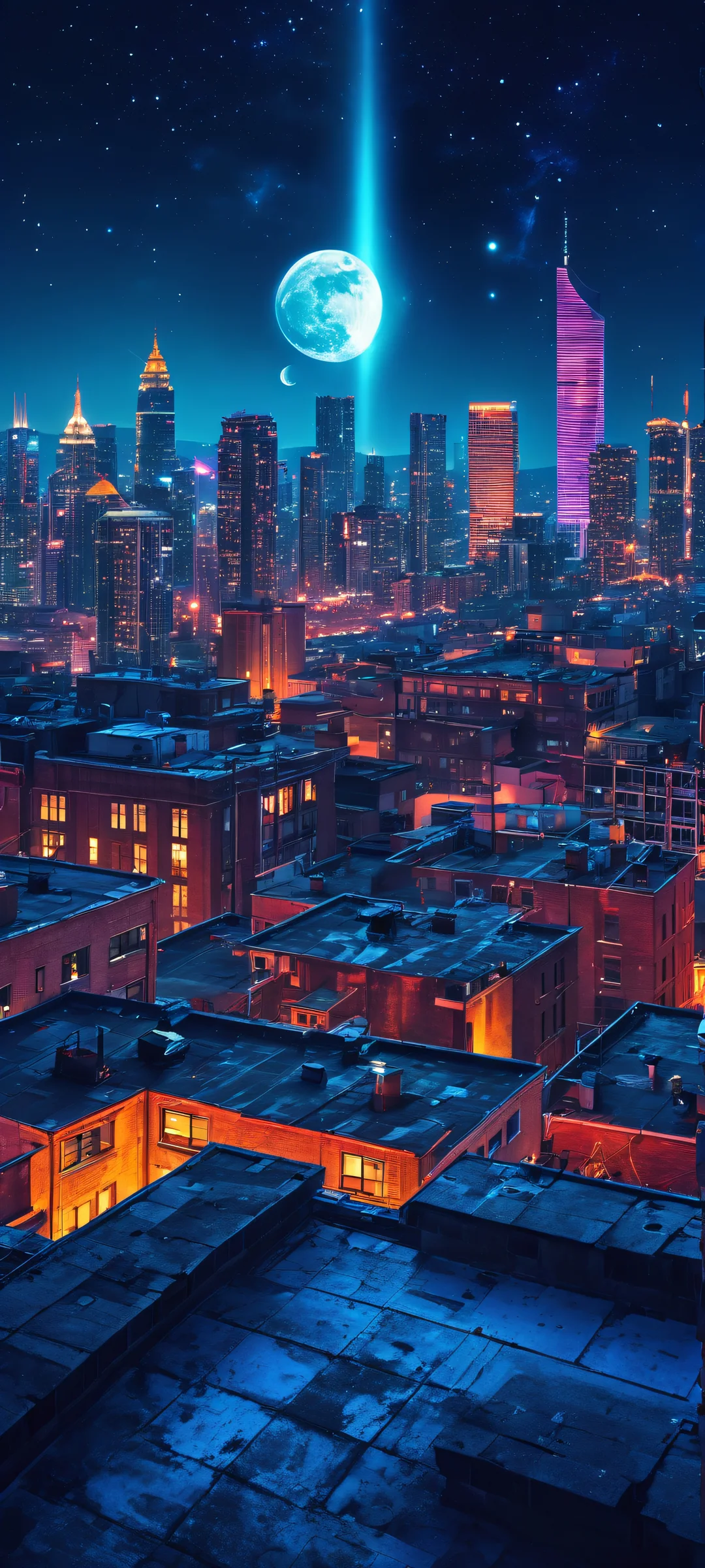 iPhone and Android users revel in this surreal urban rooftop night scene with cosmic glow, perfectly optimized for high-resolution displays.