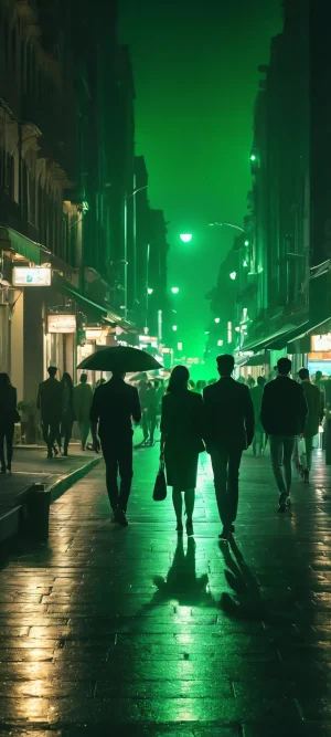 iPhone and Android users can enjoy this stunning vertical mobile wallpaper of people walking under the night lights on a vibrant city street.