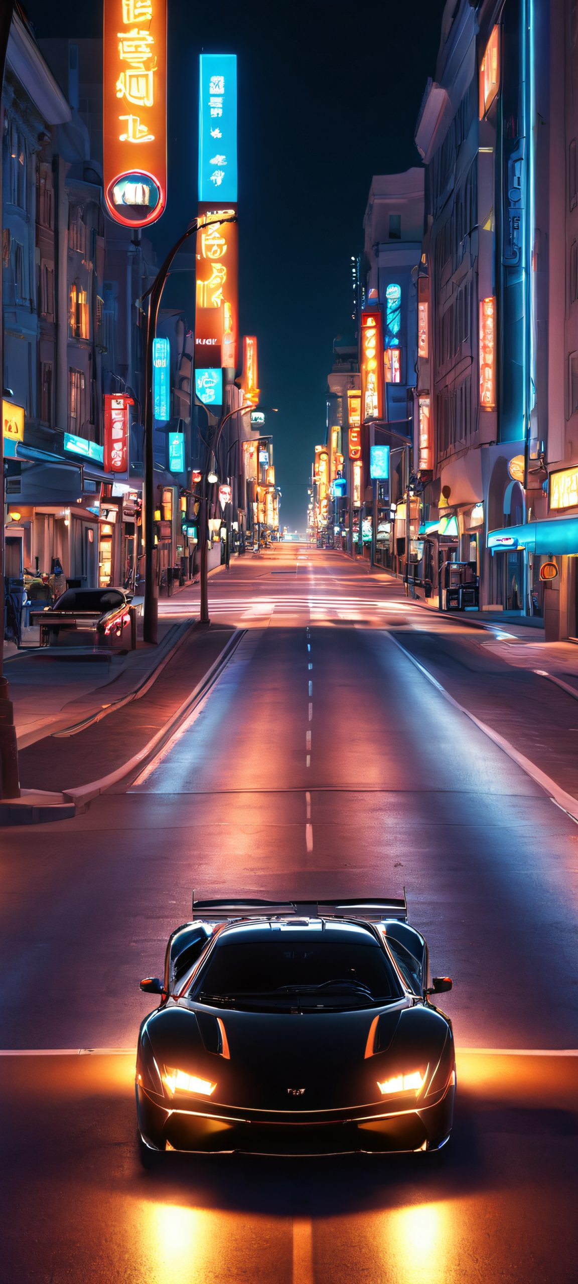 A stunning cityscape at night, perfectly designed for iPhone and Android home screens, with a realistic car driving down the street.