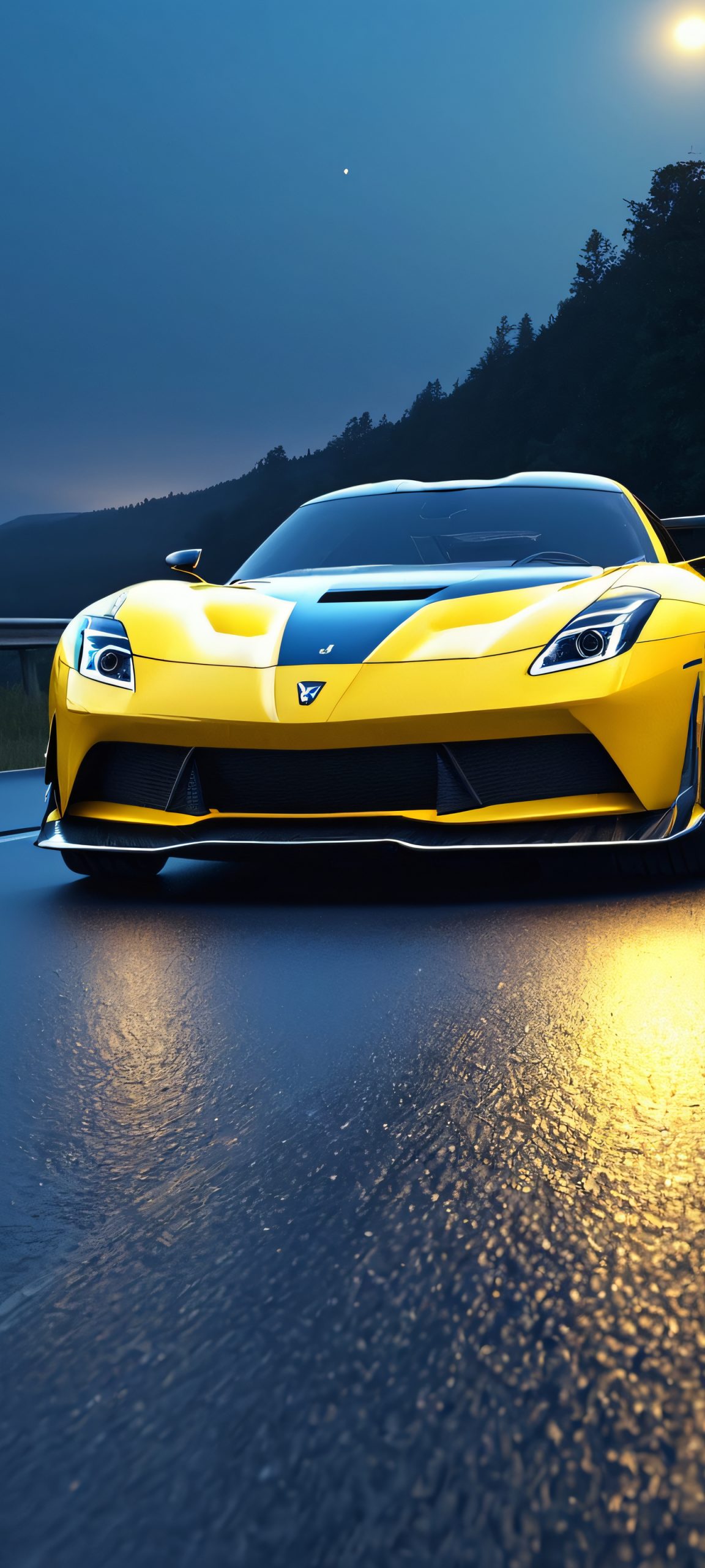 A beautiful nighttime landscape featuring a car driving on a road, perfectly optimized for iPhone and Android home screens.