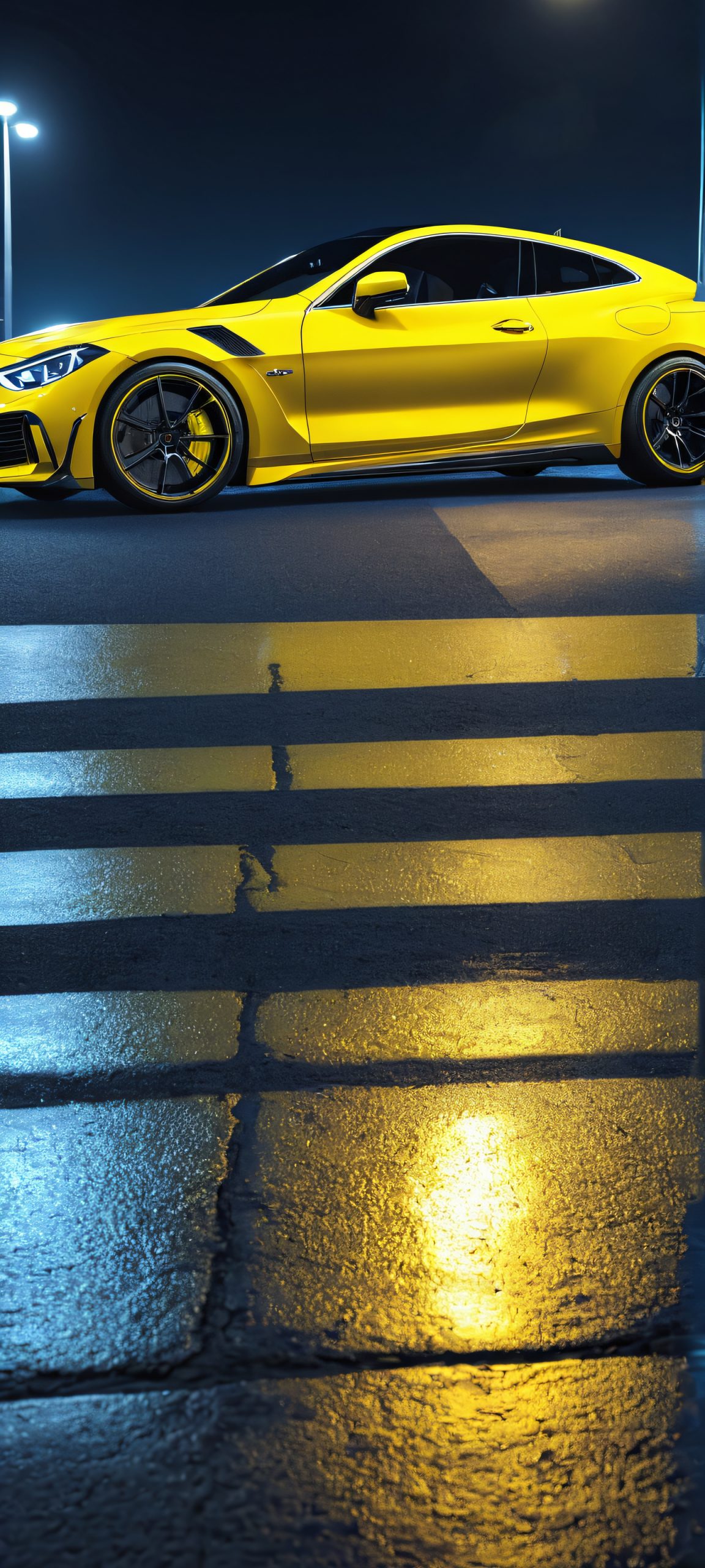 Nighttime Parking Lot Masterpiece 2K Phone Wallpaper A stunning nighttime scene of a car parked in a bright blue-lit parking lot, perfectly optimized for iPhone and Android home screens.