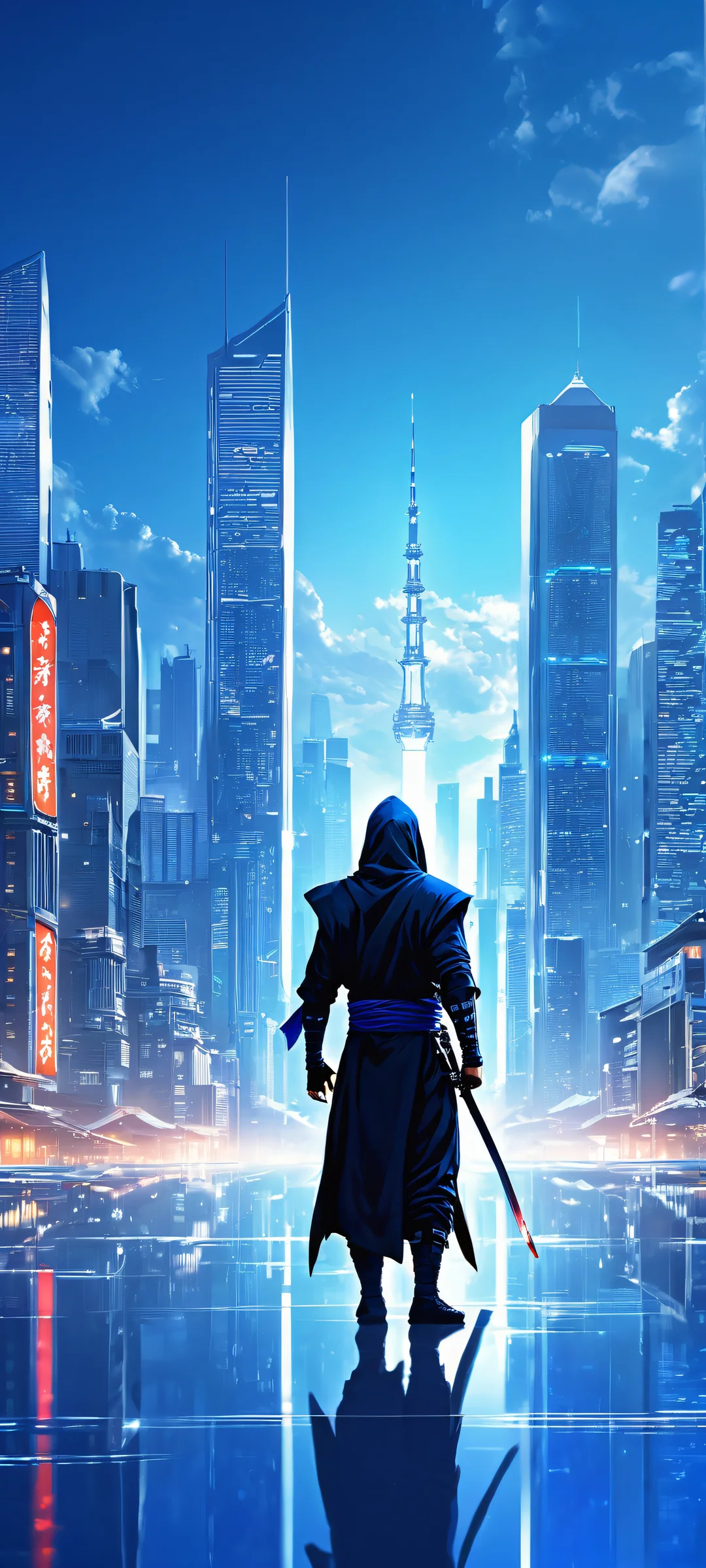 A stunning Ninja-themed mobile wallpaper featuring a cityscape at night, perfectly optimized for iPhone and Android devices.