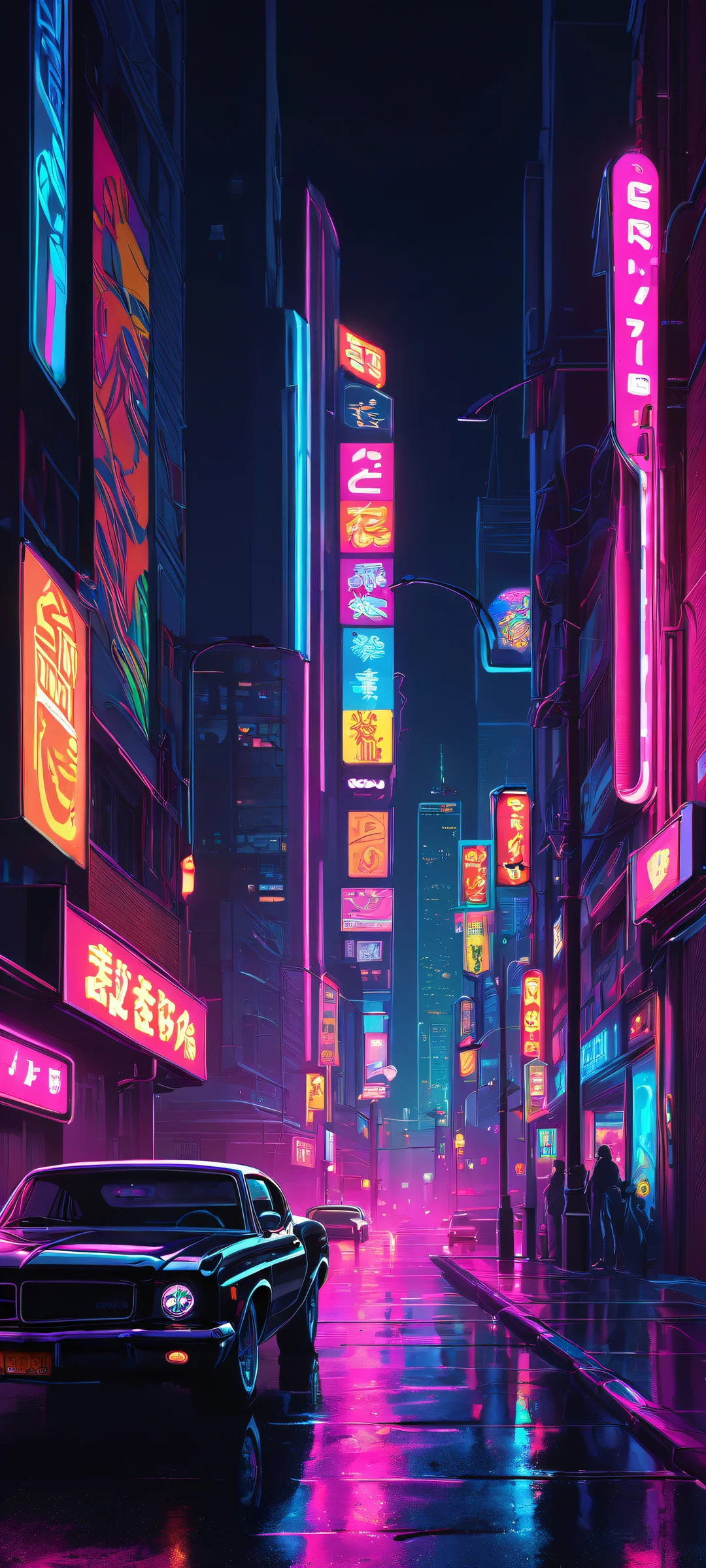 A stunning illustration of a nighttime cityscape with neon lights and black hues, perfectly optimized for iPhone and Android home screens.