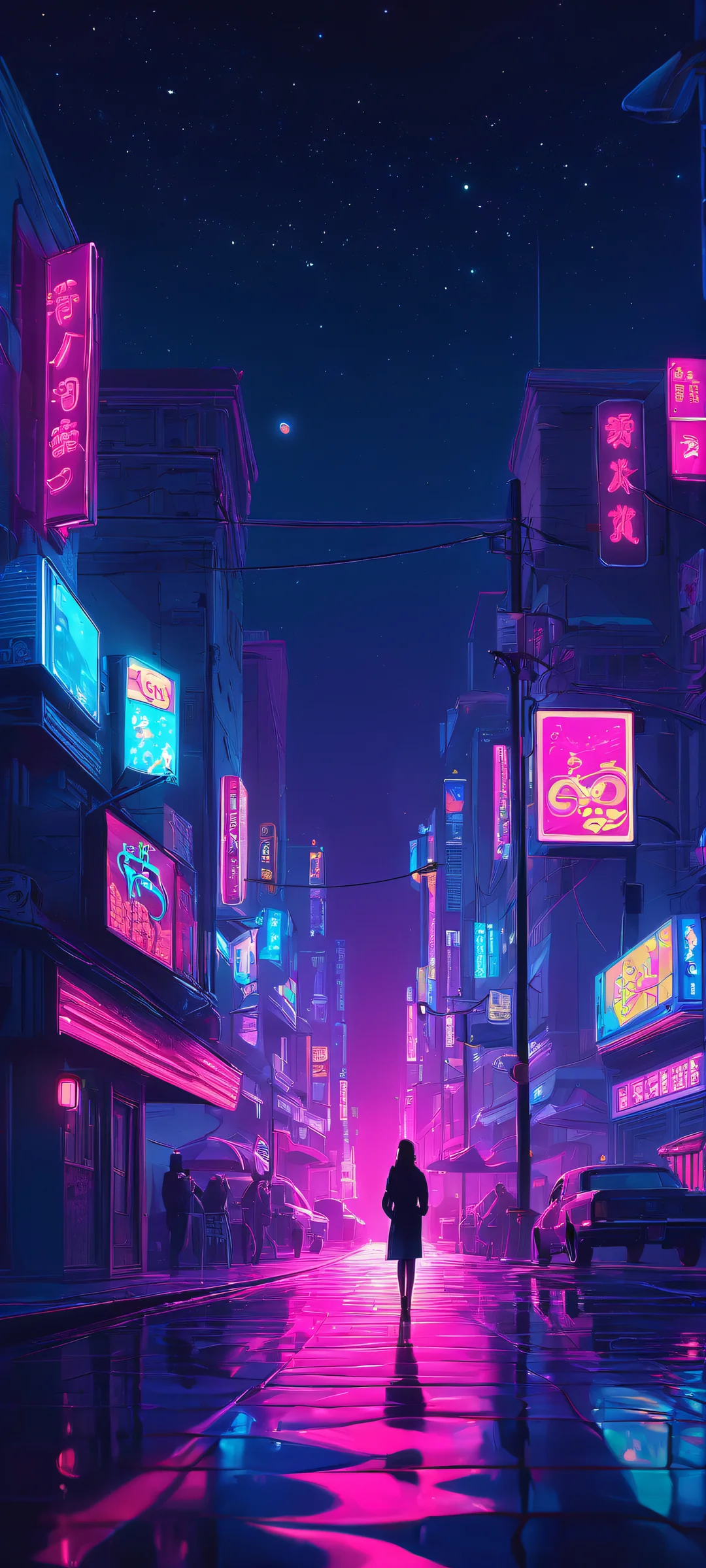 iPhone/Android mobile wallpaper featuring a stunning nighttime illustration with neon lights and moody atmosphere.