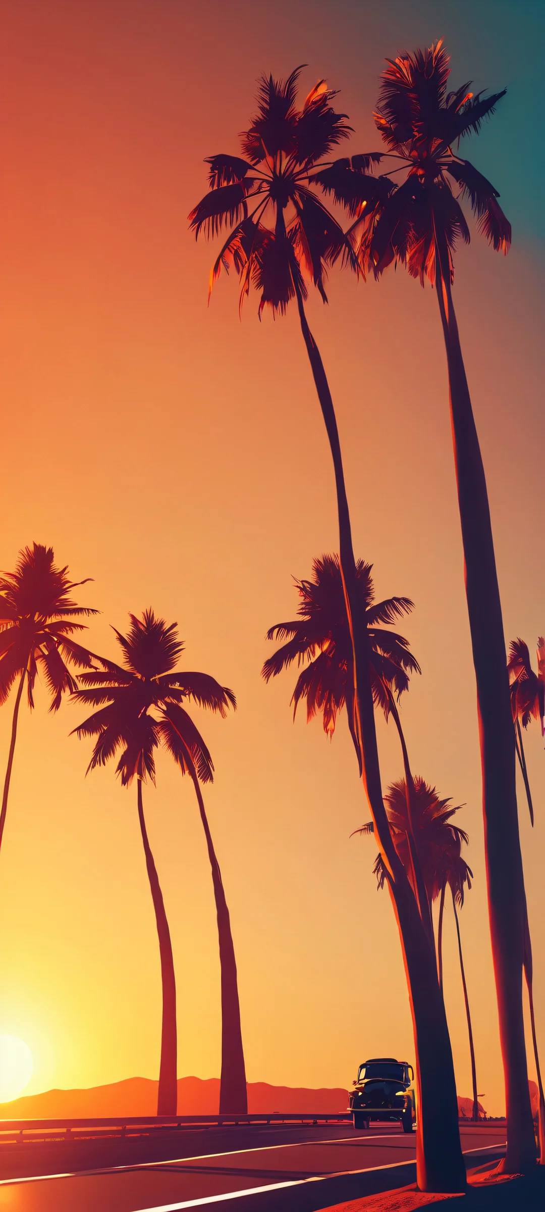 Noir Palm Oasis 2K QHD Home Screen iPhone and Android users will love this stunning vertical mobile wallpaper featuring majestic palm trees against a dramatic sunset sky with soft shadows, reminiscent of deep blues, vibrant reds, and warm golds.