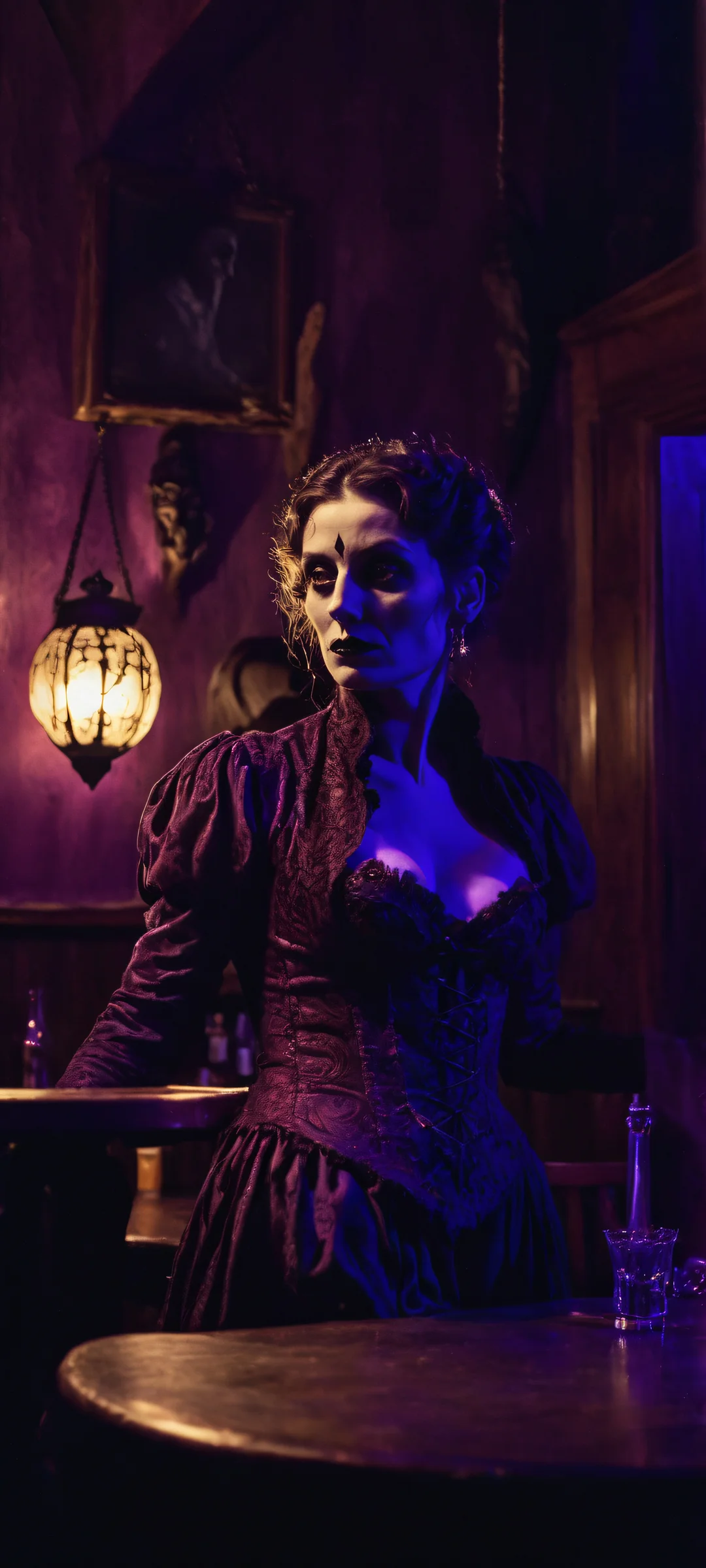 A stunning portrait of Necromancer's Soulmate in a dimly lit tavern setting for iPhone/Android screens.