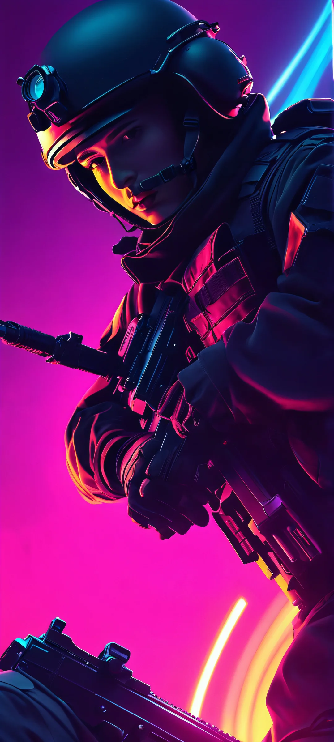 Breathtaking illustration of a futuristic soldier in a neon-lit cityscape. Perfectly optimized for iPhone and Android home screens.