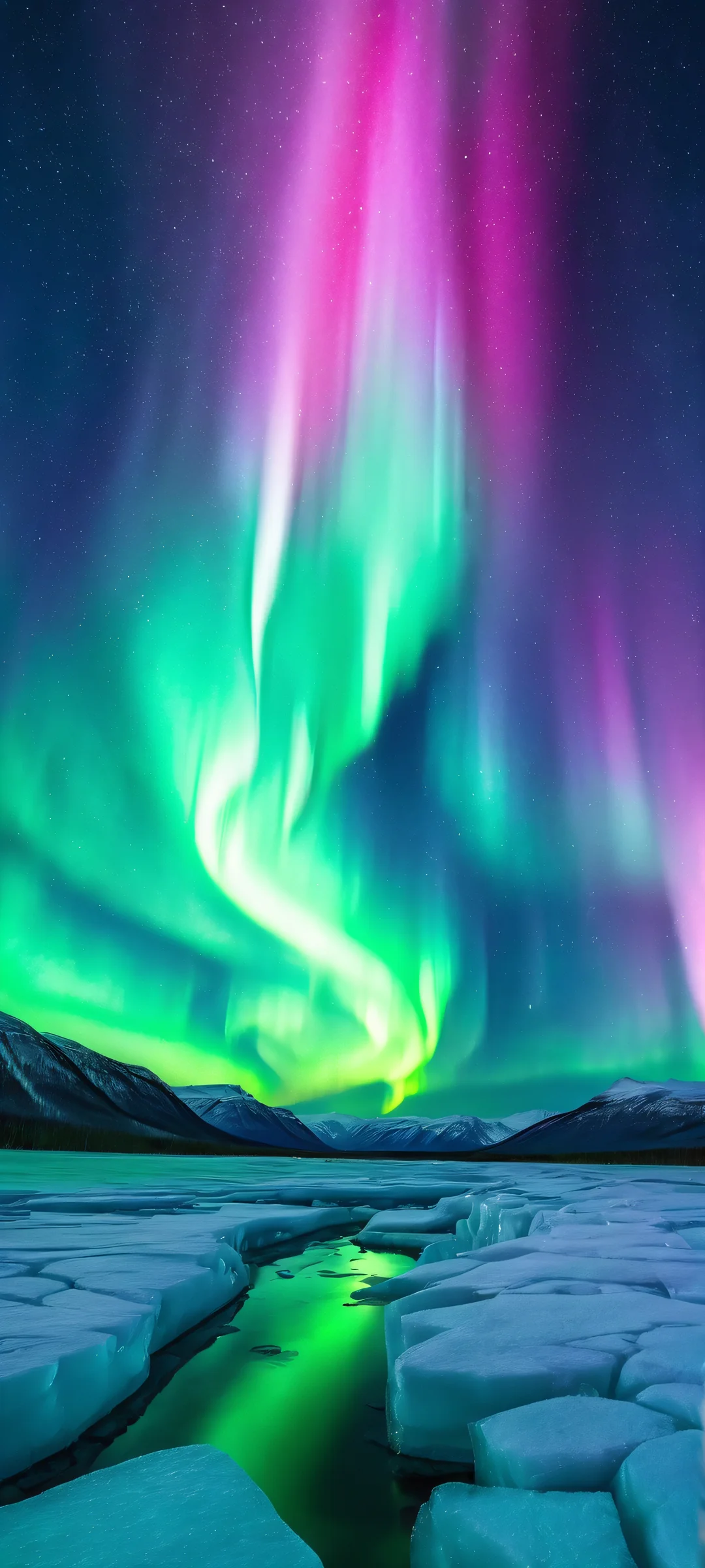 Aurora borealis on iPhone/Android mobile wallpaper, showcasing vibrant blue, green, and pink hues.