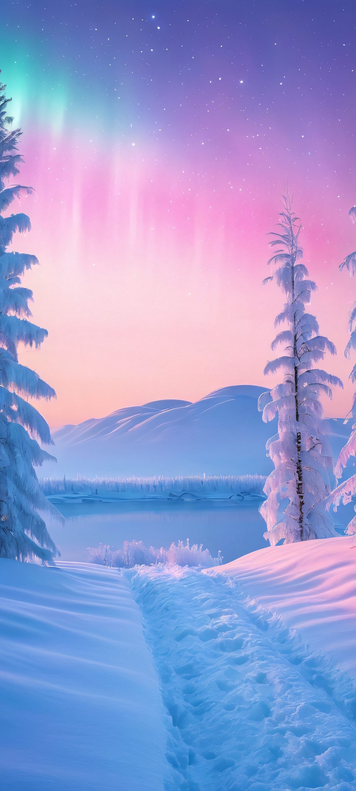 Stunning cosmic scene of Northern Lights on a snowy landscape, perfect for iPhone, Samsung Galaxy, and Android home screens