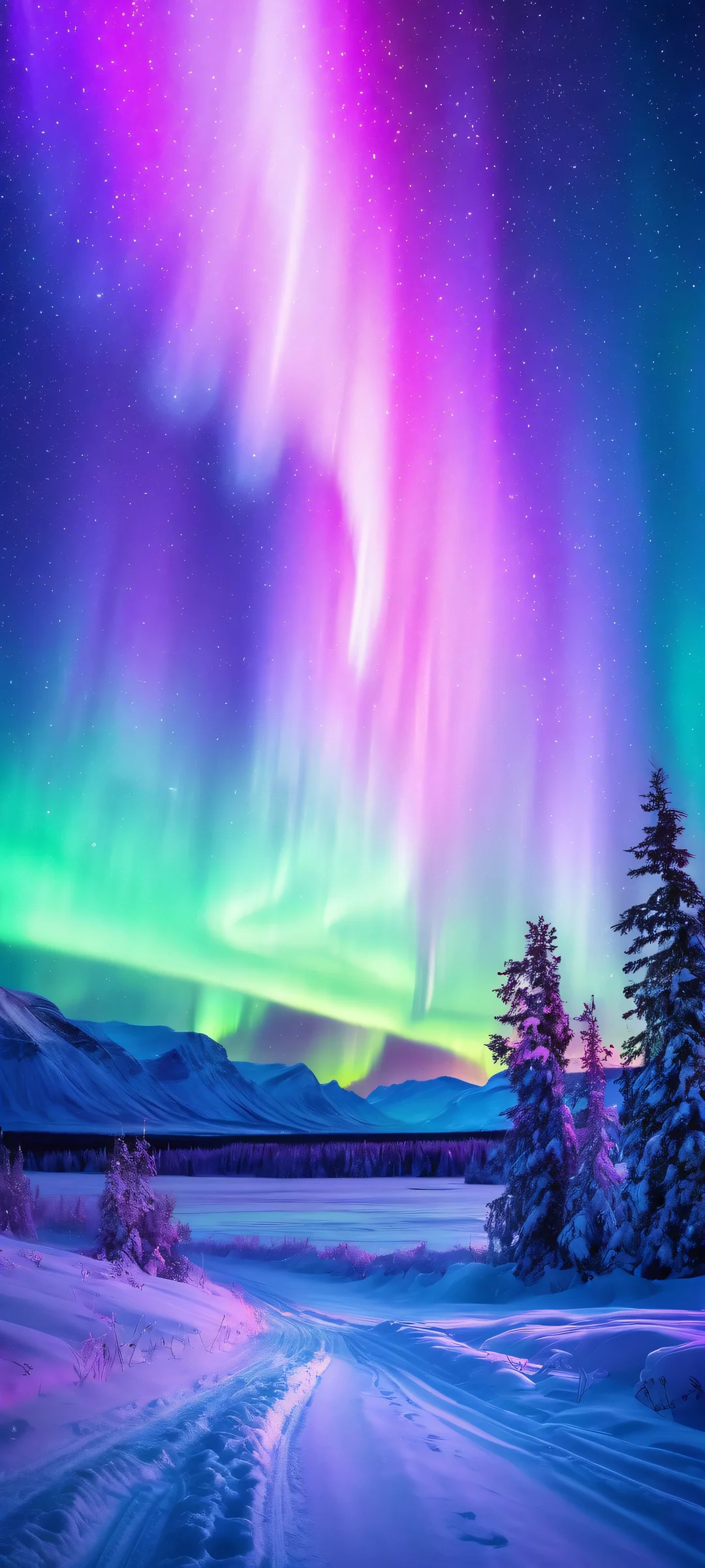 Breathtaking vertical mobile wallpaper of Northern Lights over a snowy landscape, perfectly optimized for iPhone and Android home screens.