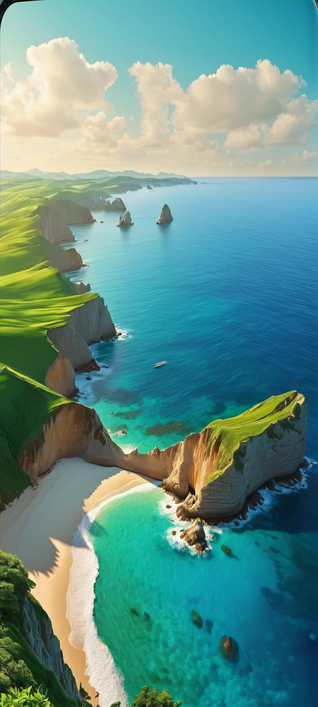 Oceanic Horizon Aesthetic Phone Wallpaper A stunning coastal landscape with blue-green waters and lush greenery, perfect for your iPhone or Android home screen.