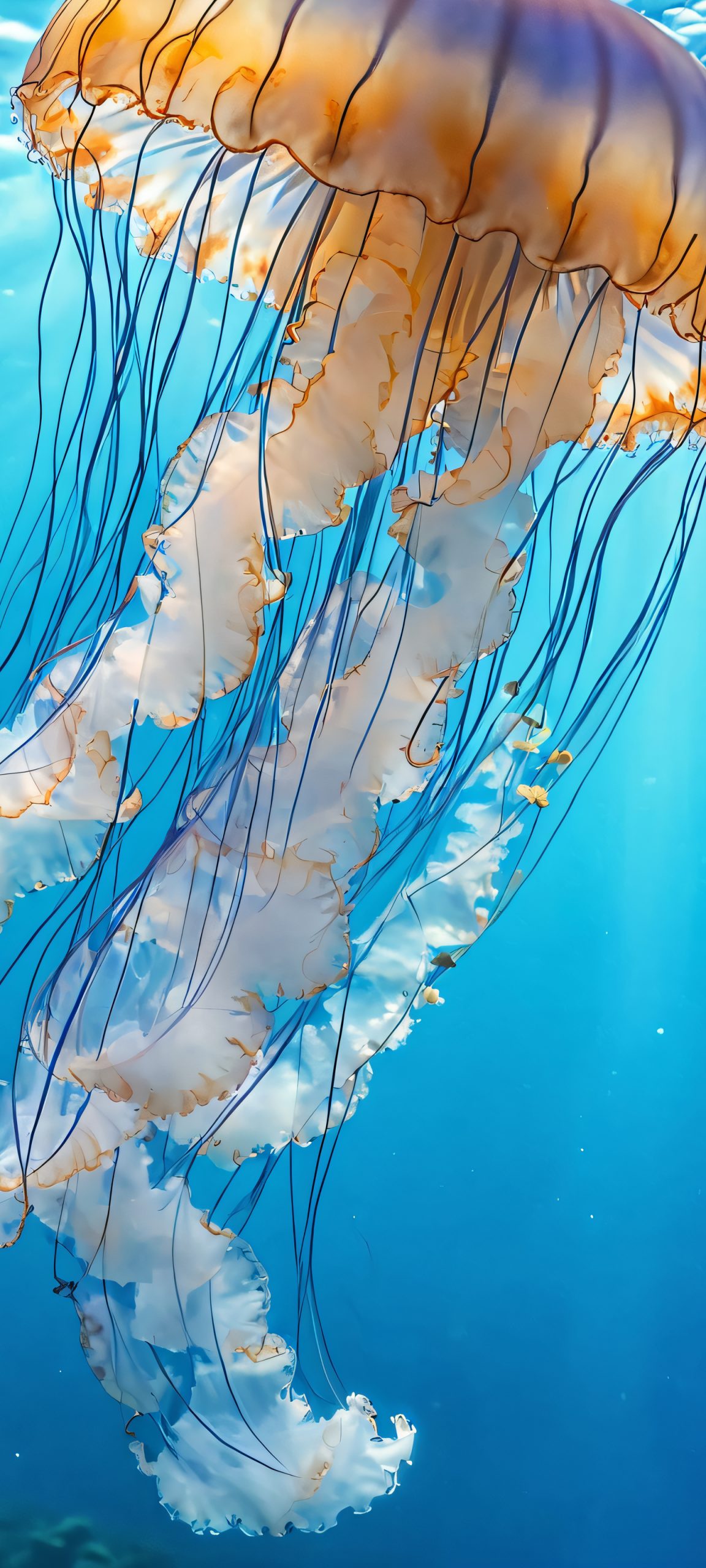 Delightful underwater scene of jellyfish in shades of blue and soothing whites, perfectly optimized for iPhone and Android home screens.
