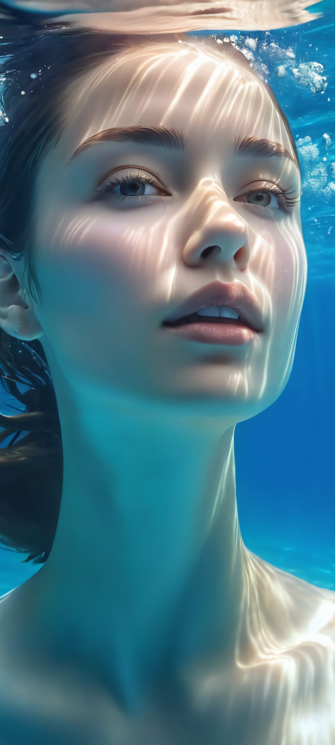 Woman swimming underwater, surrounded by soft blue ocean, perfectly optimized for iPhone, Samsung Galaxy, and Android home screens.