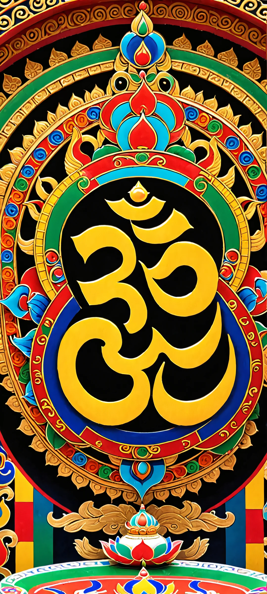 Om Mandala Sunrise 2K Mobile Background A serene Om mantra surrounded by vibrant colors and soft natural light, perfectly suited for iPhone/Android home screens.