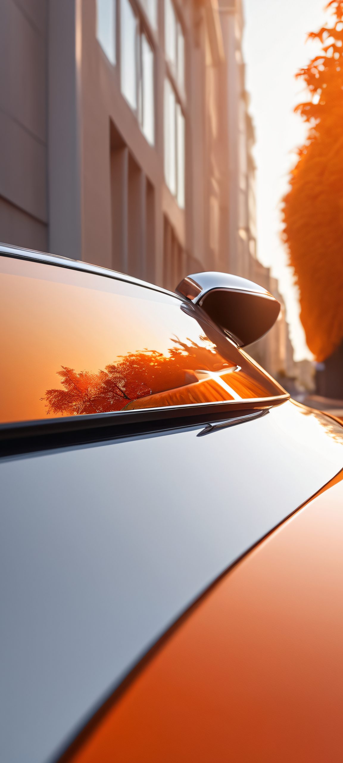 A stunning orange and silver car reflection wallpaper for iPhone and Android, perfectly optimized for your home screen