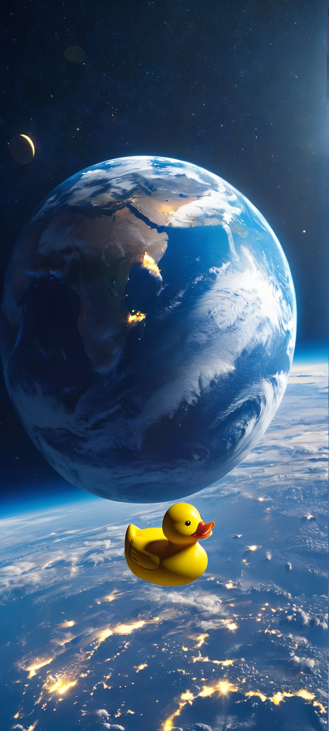 A stunning mobile wallpaper of Earth from orbit featuring a rubber duck, perfectly optimized for iPhone and Android devices.