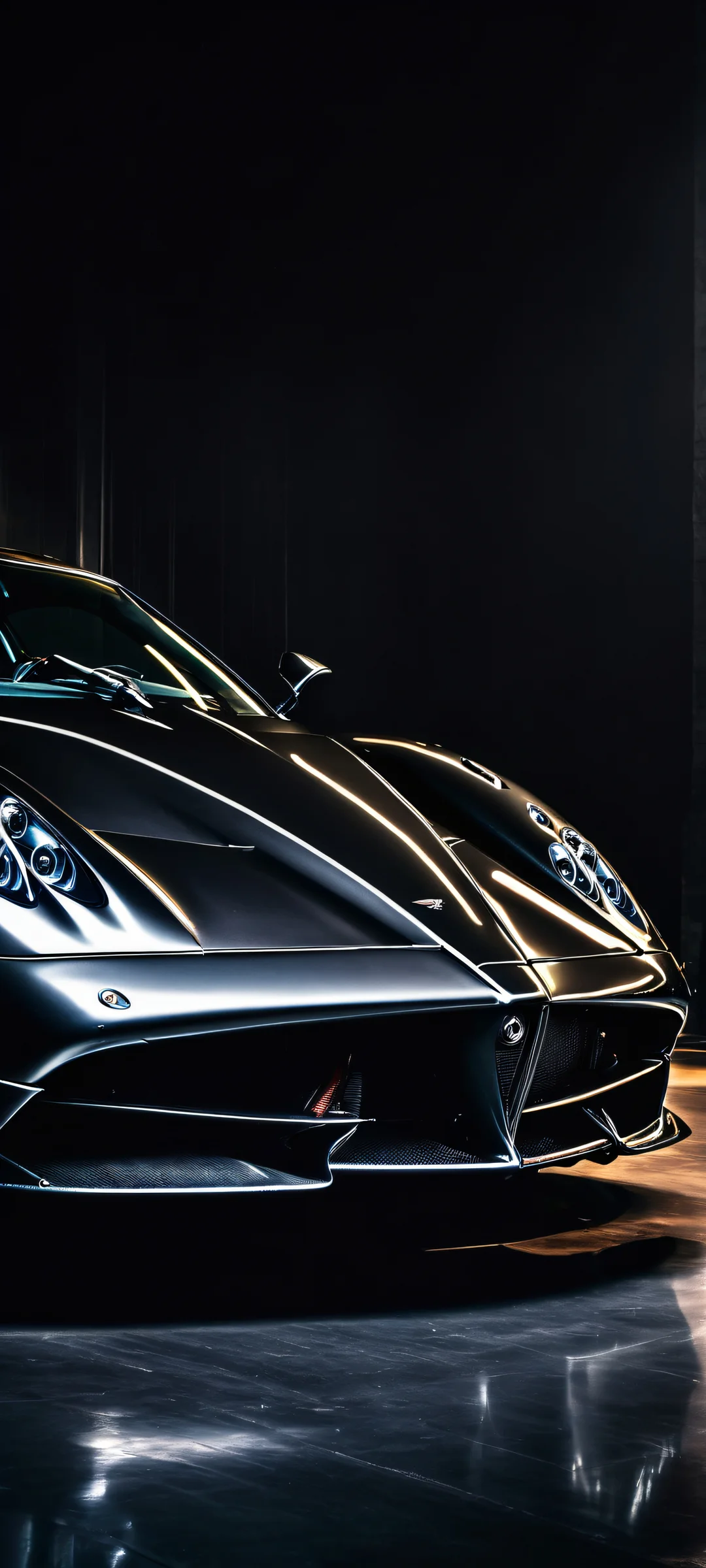 Moody vertical wallpaper of Pagani supercar in a dark studio setting, perfect for iPhone and Android devices