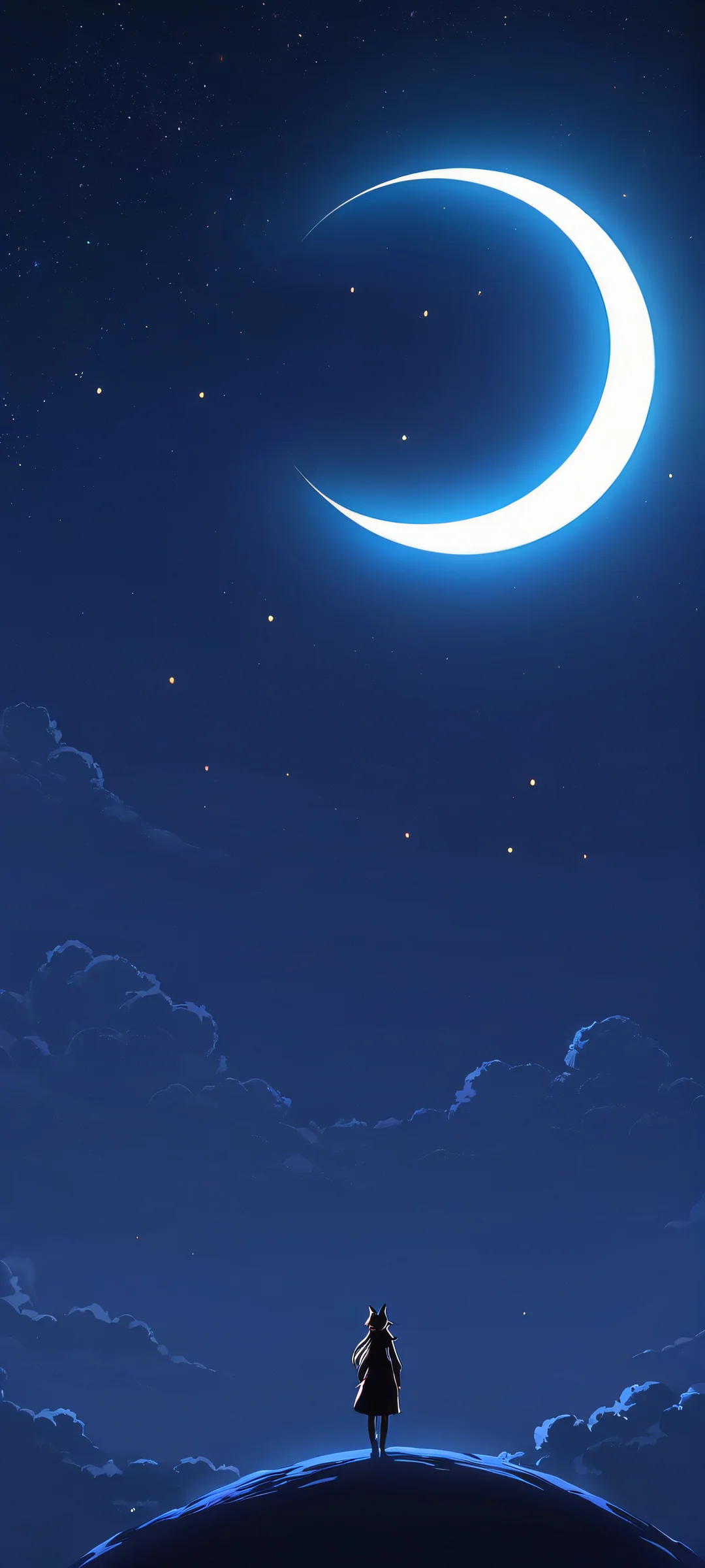 iPhone/Android wallpaper featuring Paimon's whisper and a glowing crescent moon against a dark sky.