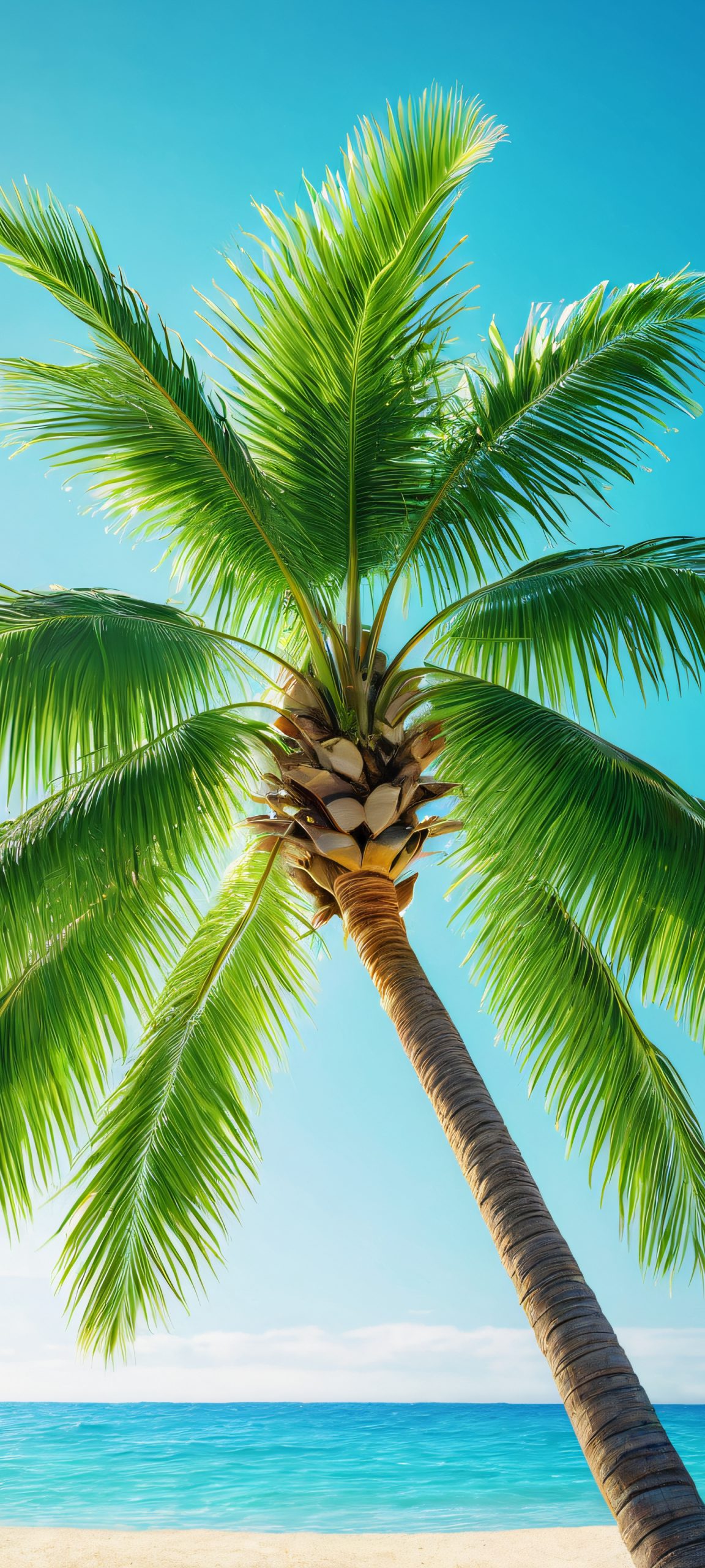 Beautiful palm tree landscape with sandy beach and sunny sky, perfect for iPhone/Android home screen