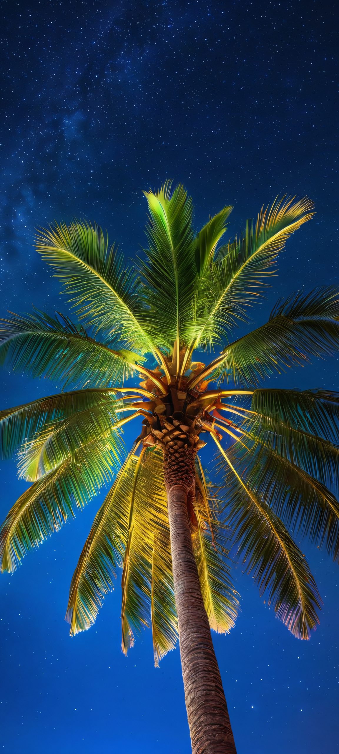 A stunning vertical wallpaper featuring a palm tree under a starry night sky, perfectly optimized for iPhone, Samsung Galaxy, and Android home screens.