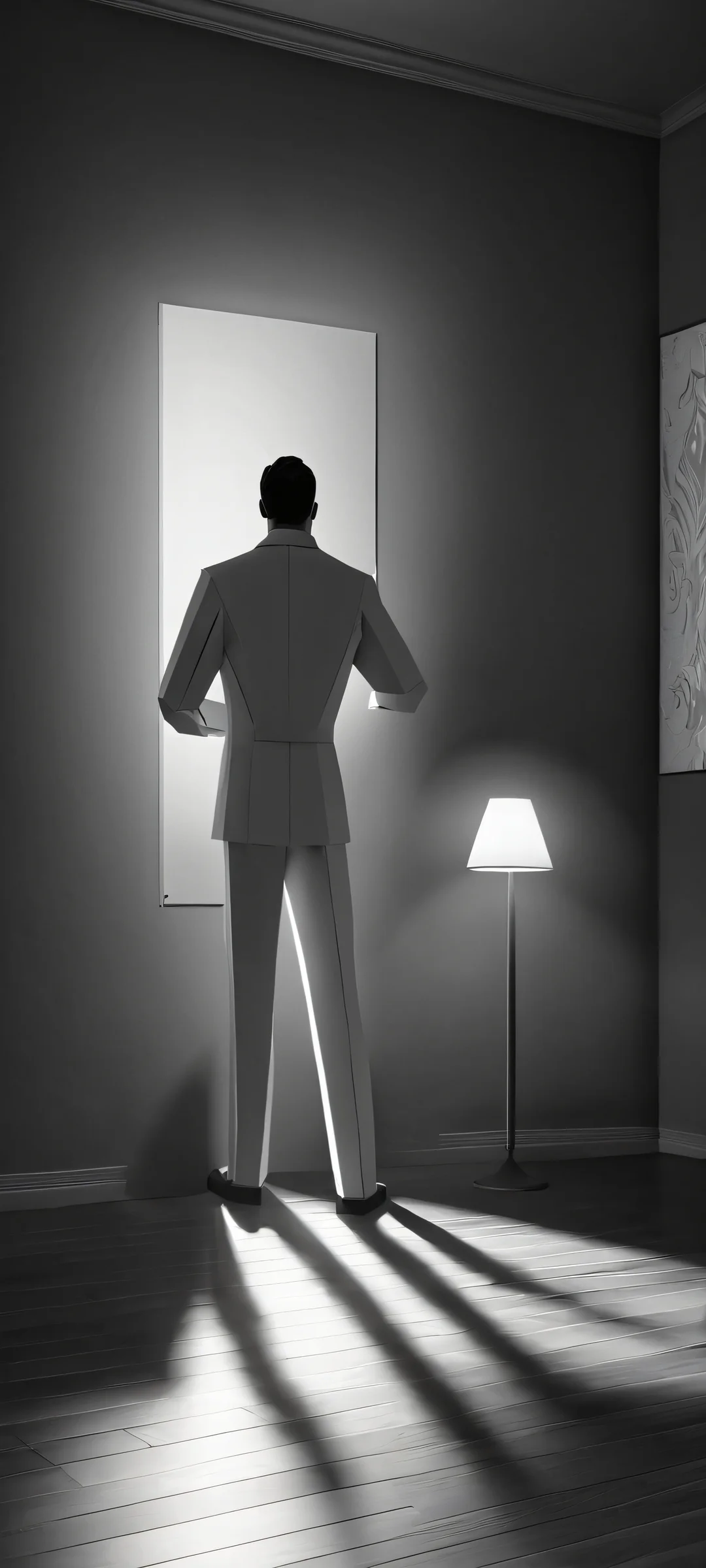 Illustration of Paper Man standing in a dark apartment, perfectly optimized for iPhone and Android home screens.