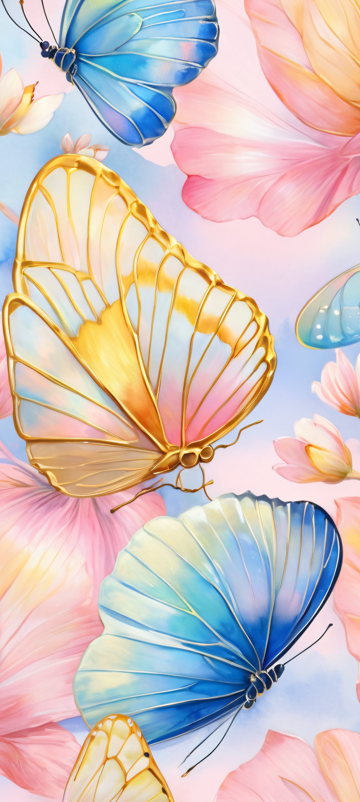 Beautiful Butterfly Wing iPhone and Android wallpapers featuring soft, pastel pink, iridescent blue, and golden yellow hues. Perfectly optimized for your mobile home screen.
