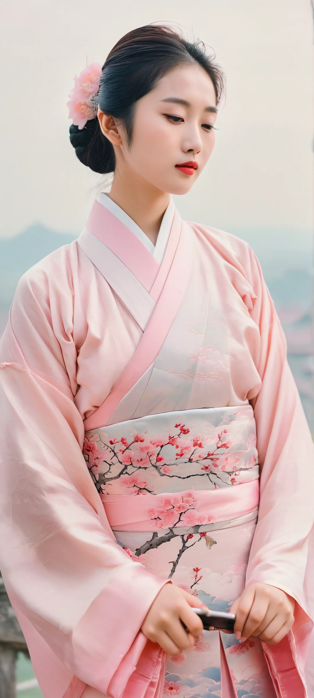 Stunning mobile wallpaper of a girl in traditional Chinese attire against a dreamy, cloudy sky. Perfect for iPhone and Android home screens.