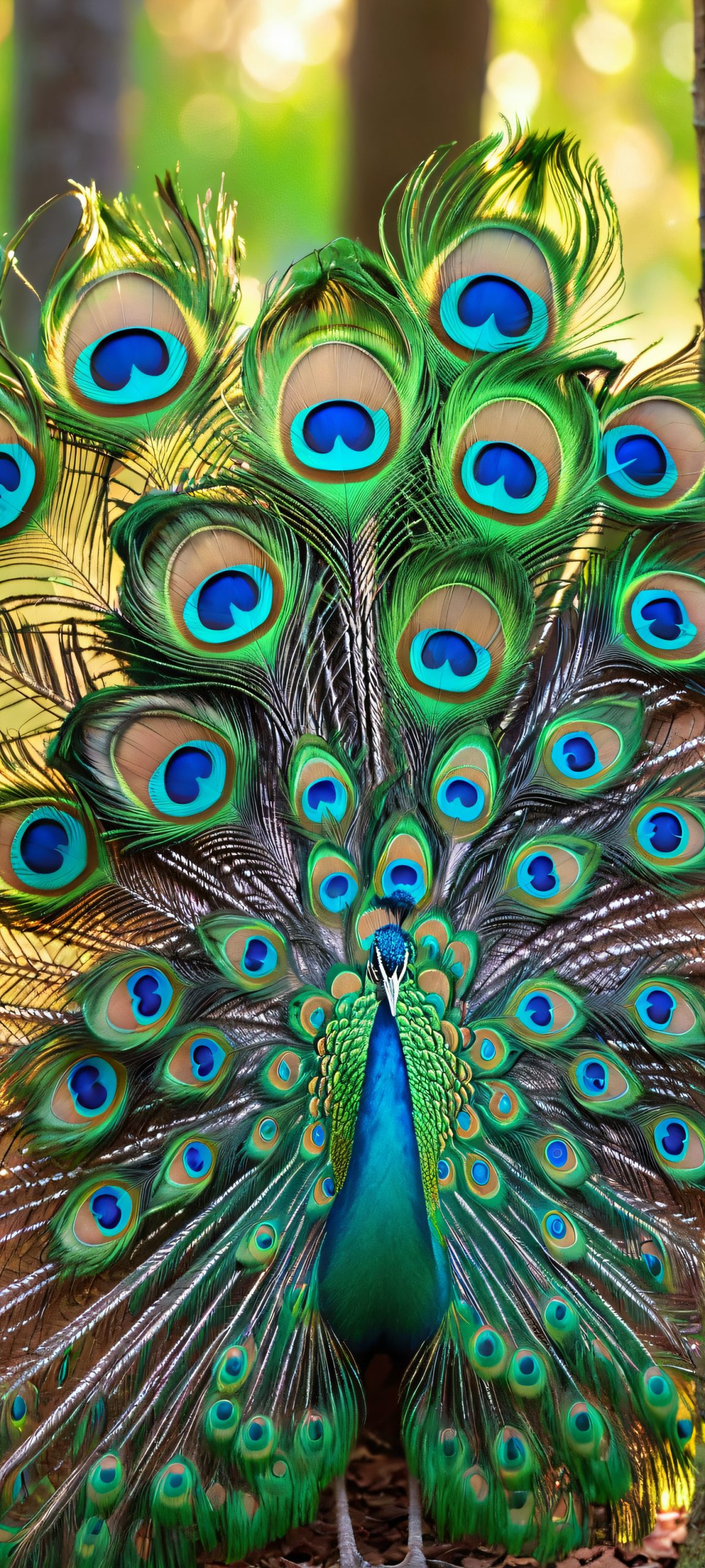 Vibrant peacock feathers shine on a forest floor, perfect for iPhone/Android home screens with its soft glow.