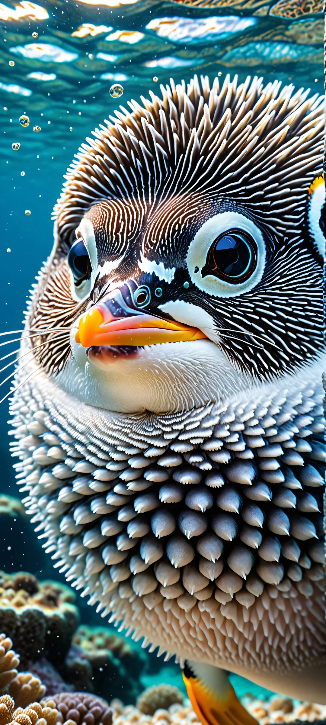 A stunning iPhone/Android wallpaper featuring a penguin-cat-pufferfish hybrid amidst vibrant nature's resilience and spring promise, perfectly optimized for your mobile phone.