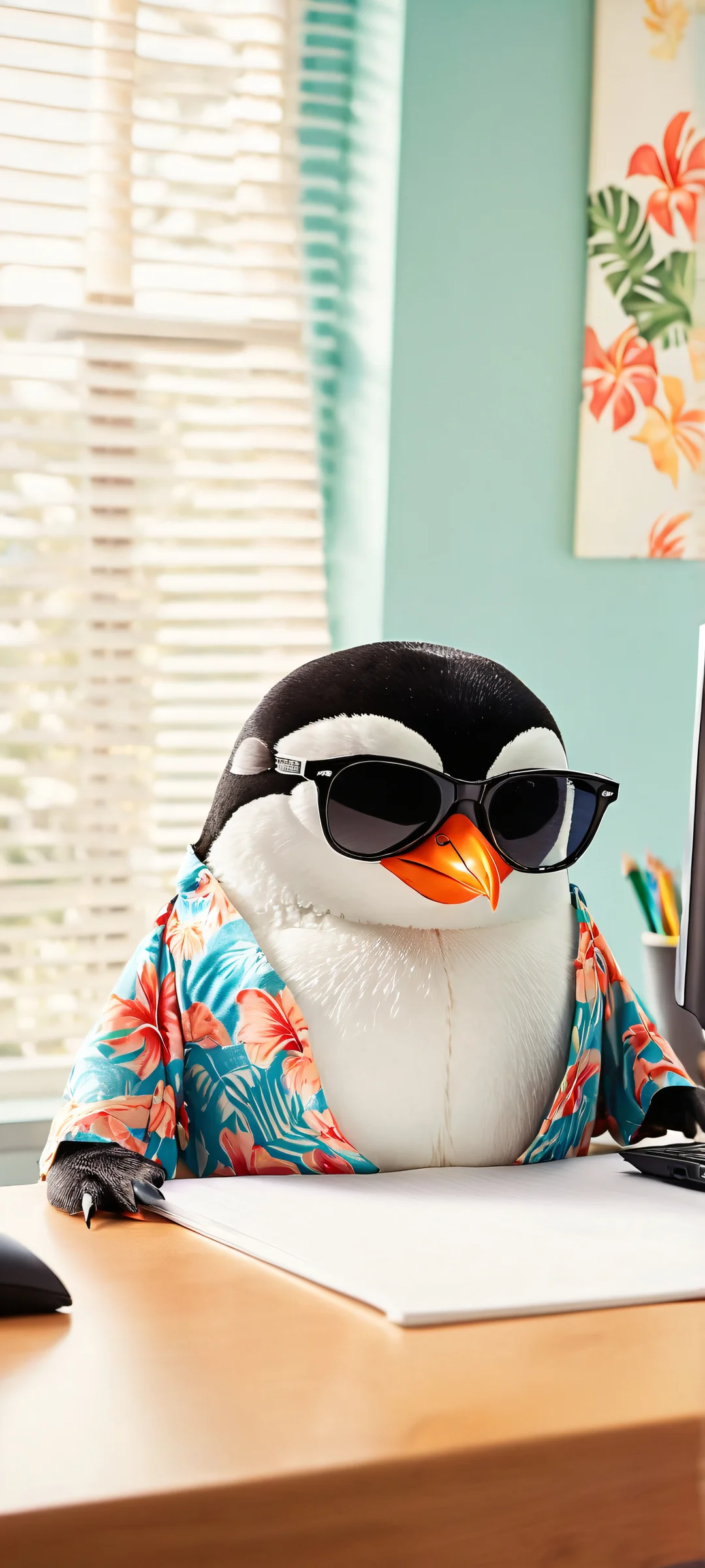 A playful penguin wearing sunglasses and a hawaiian shirt works on a computer in a modern office space, perfectly optimized for iPhone and Android home screens.