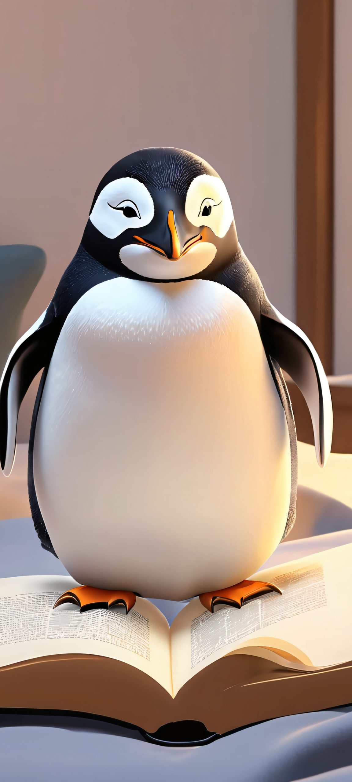 Penguin's Cozy Study 2K QHD Home Screen A serene penguin reading a book in a cozy study, perfect for iPhone and Android home screens.