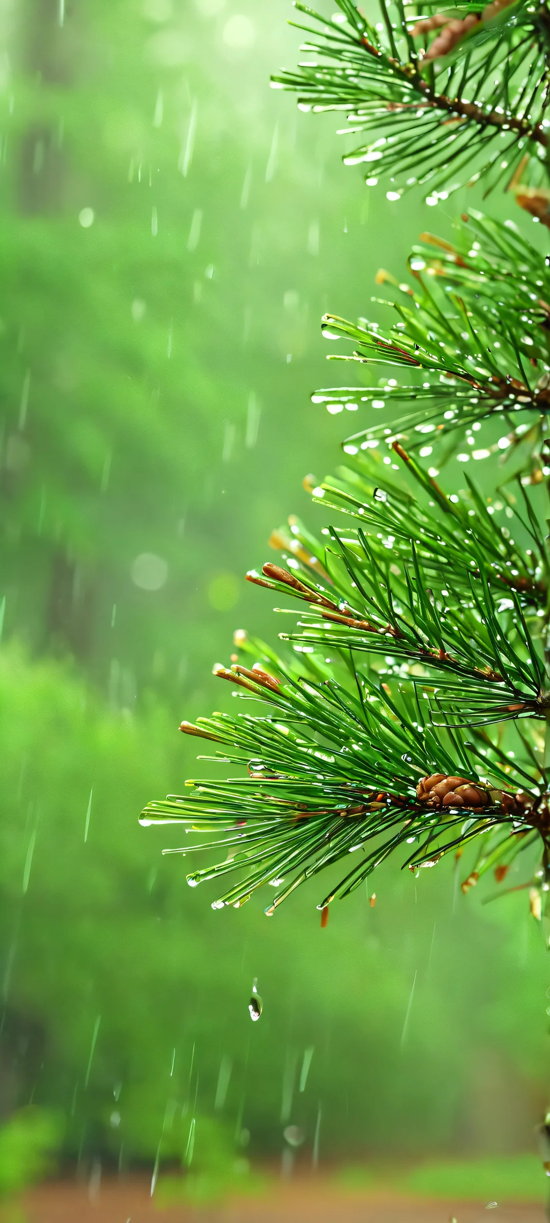A serene pine tree landscape with rain-soaked leaves and a blurry bokeh background on iPhone/Android.