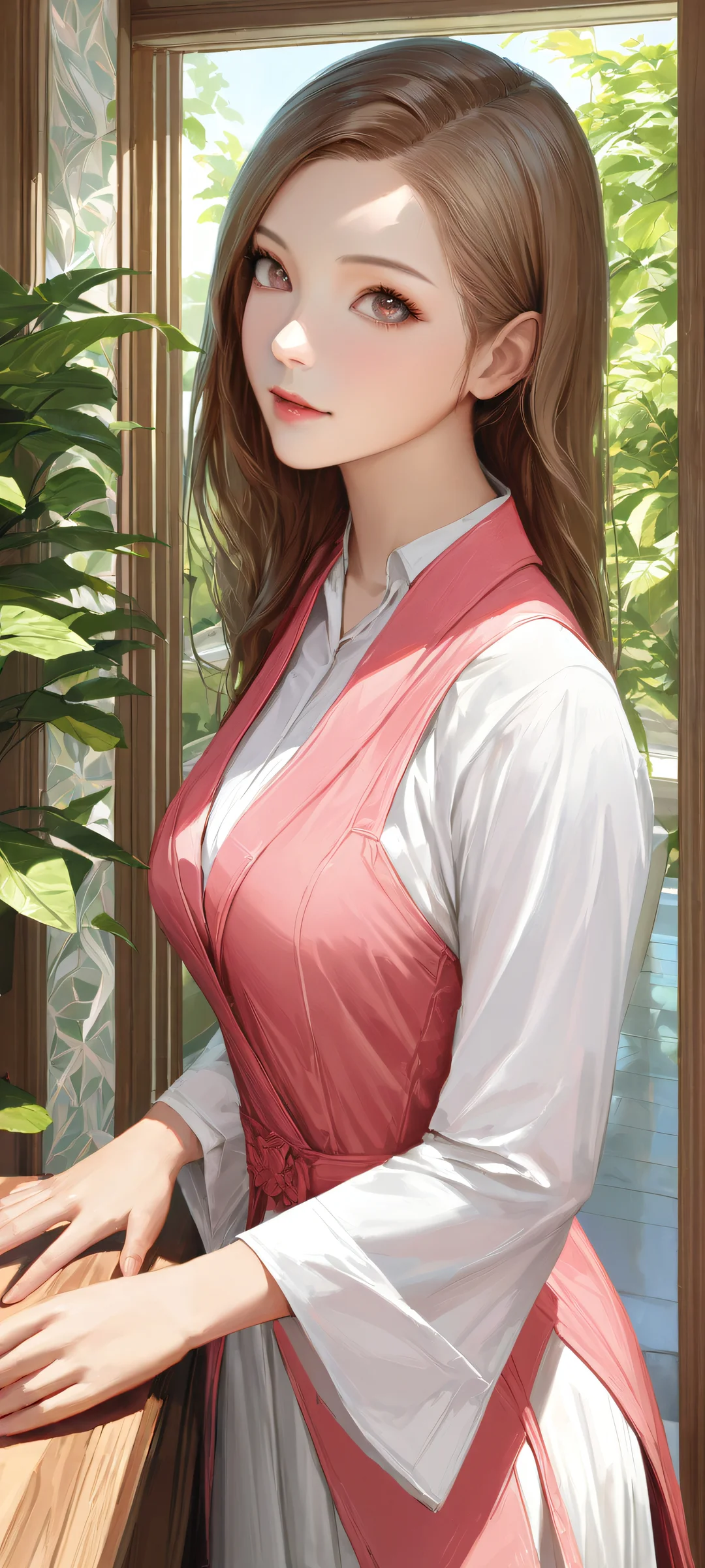 Beautiful girl surrounded by pink and white hues, perfekt optimiert für iPhone/Android-Startbildschirme.