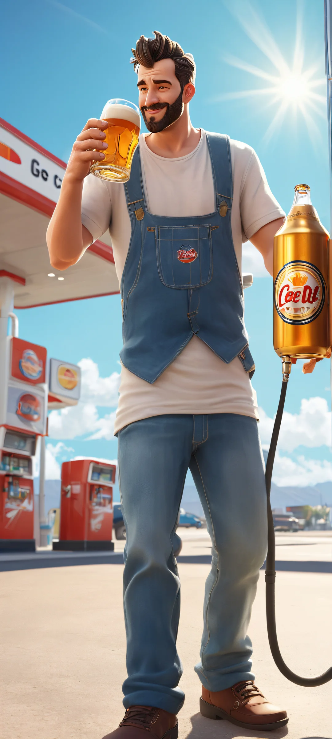 A humorous cartoon of a man enjoying a beer at a gas station on a sunny day - perfectly optimized for iPhone, Samsung Galaxy, and Android home screens.