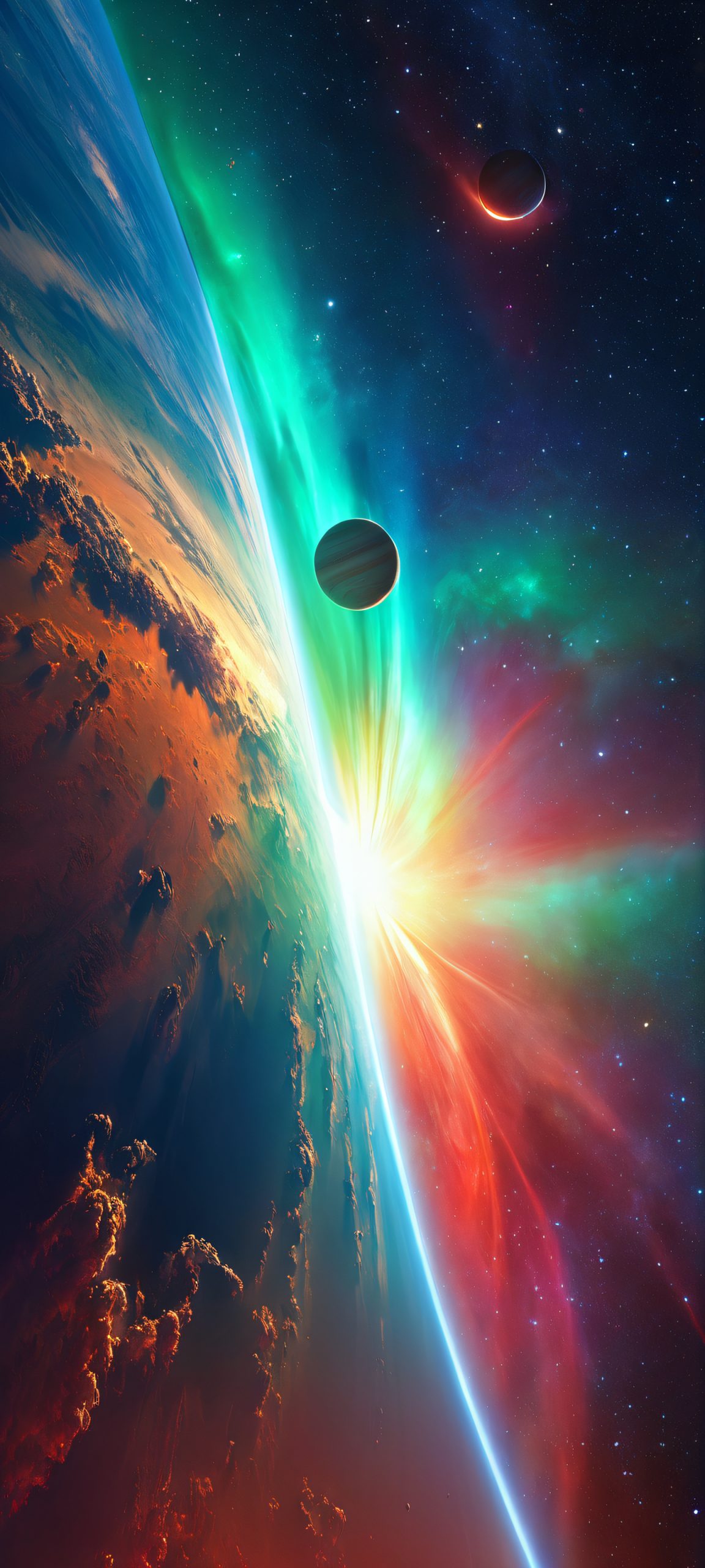 iPhone/Android wallpaper featuring Planetary Convergence in a breathtaking digital painting with an aurora-like glow. Perfectly optimized for iPhone, Samsung Galaxy, and Android home screens.